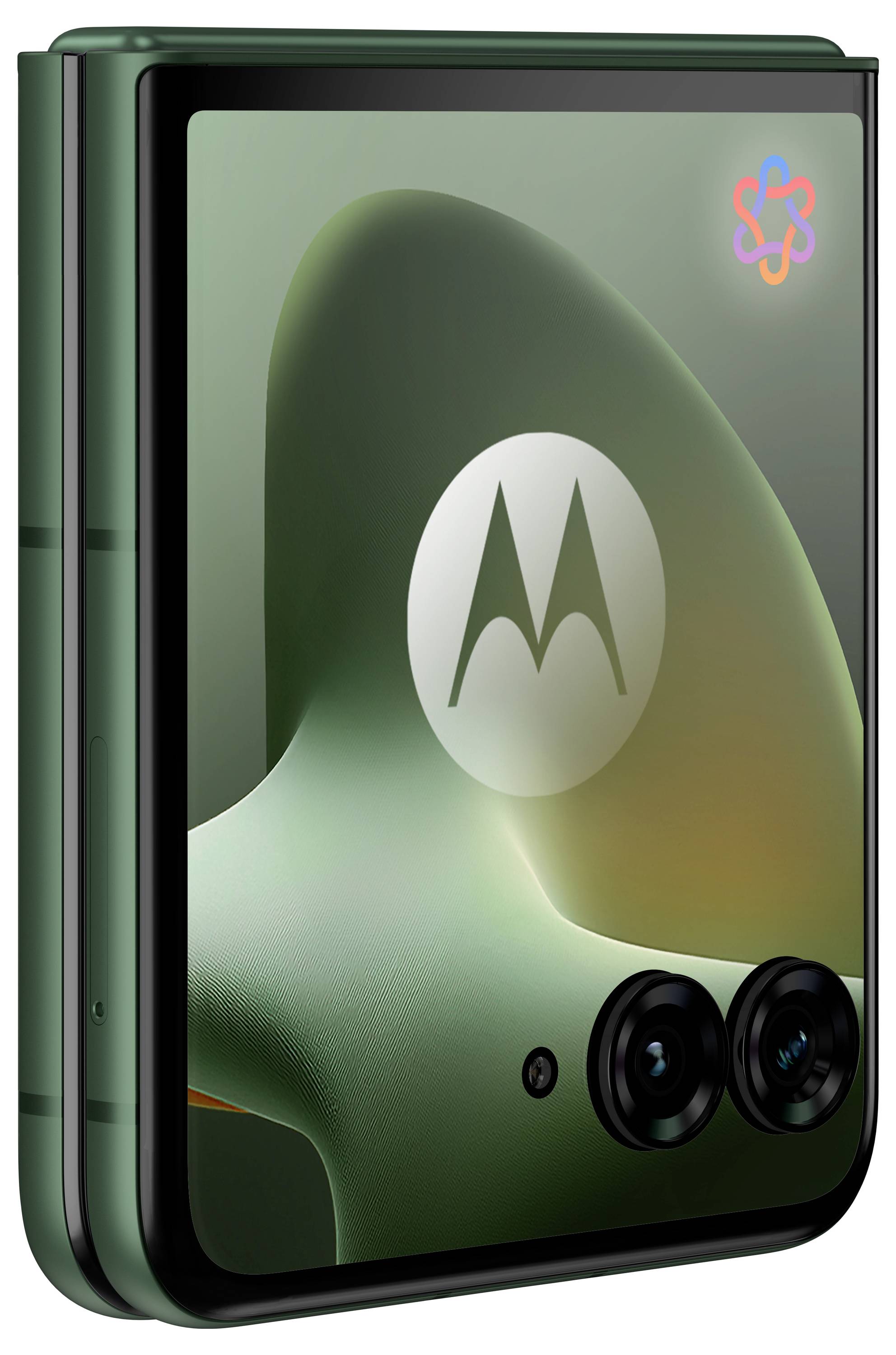 Trzy zielone smartfony Motorola ułożone w stosie pod kątem, przedni telefon wyświetlający logo Motorola i dwie tylne kamery.