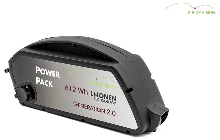 Akumulator litowy Black E-bike Vision Power Pack o pojemności 612 Wh Generacja 2.0, pokazany w profilu na białym tle.