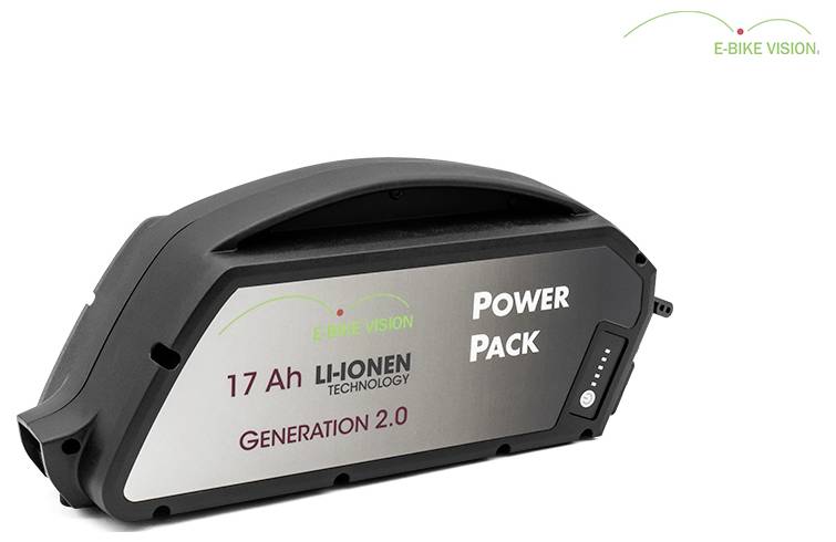 Czarna bateria litowo-jonowa e-rowerowa Vision 17 Ah „Power Pack" oznaczona jako „Generation 2.0" na białym tle.