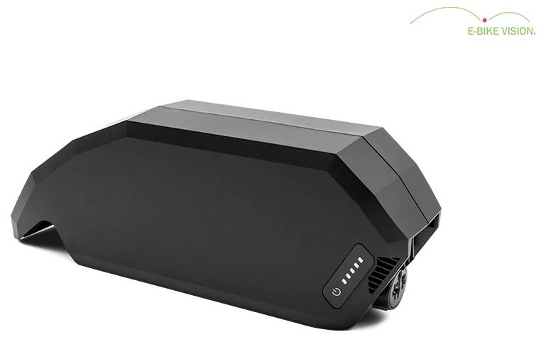Pakiet baterii Black E-bike Vision z wskaźnikiem ładowania i portem montażowym, pokazany na białym tle.