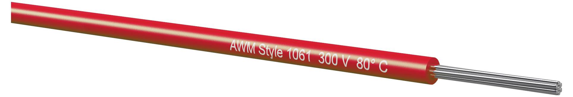 Czerwony kabel elektryczny oznaczony etykietą "AWM Style 1061 300V 80°C" z odsłoniętymi srebrnymi żyłami na jednym końcu.