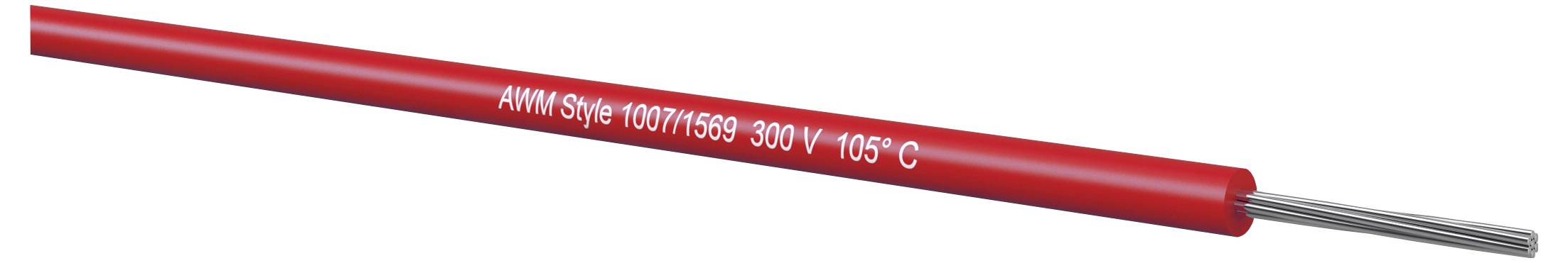 Czerwony kabel elektryczny z białą nadrukowaną etykietą zawierającą napis AMM Style 1007/1569 300 V 105°C, z widocznymi szarymi przewodnikami wewnętrznymi.