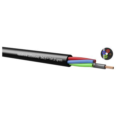 Przekrój kabla czarnego oznaczonego „kabeltronik LEDtronic 3x0,5 + 1x1,0 gmm" pokazujący cztery kolorowe przewody wewnętrzne i odsłonięte końce miedziane.