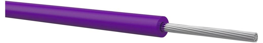 Fioletowa powłoka kabla z odsłoniętymi srebrznymi przewodami wystającymi z jednego końca.