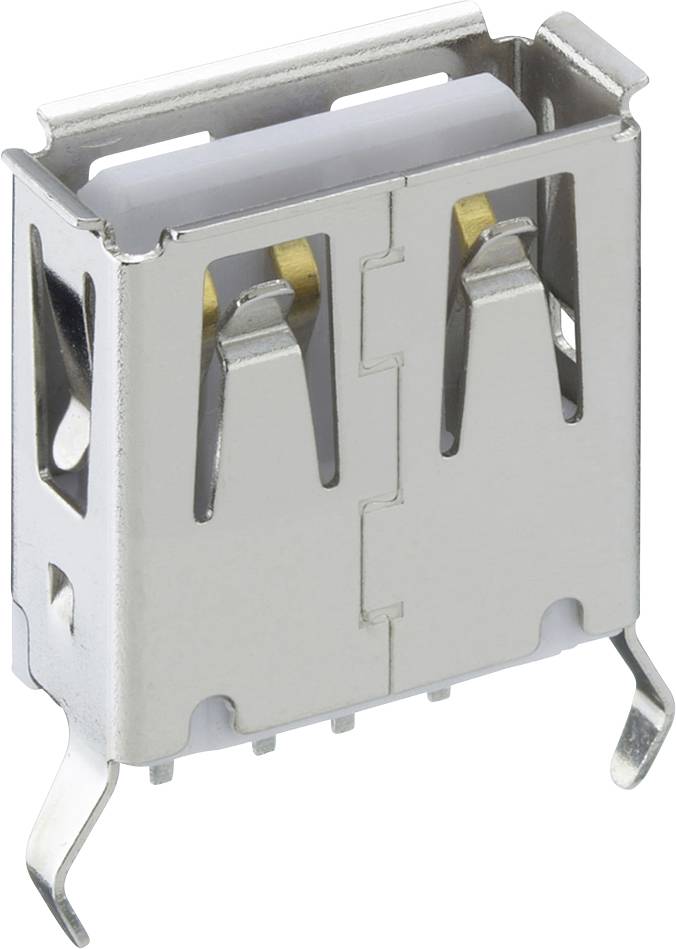 Zbliżenie metalowego złącza żeńskiego portu USB typu A z czterema pinami montażowymi, pokazane na białym tle.