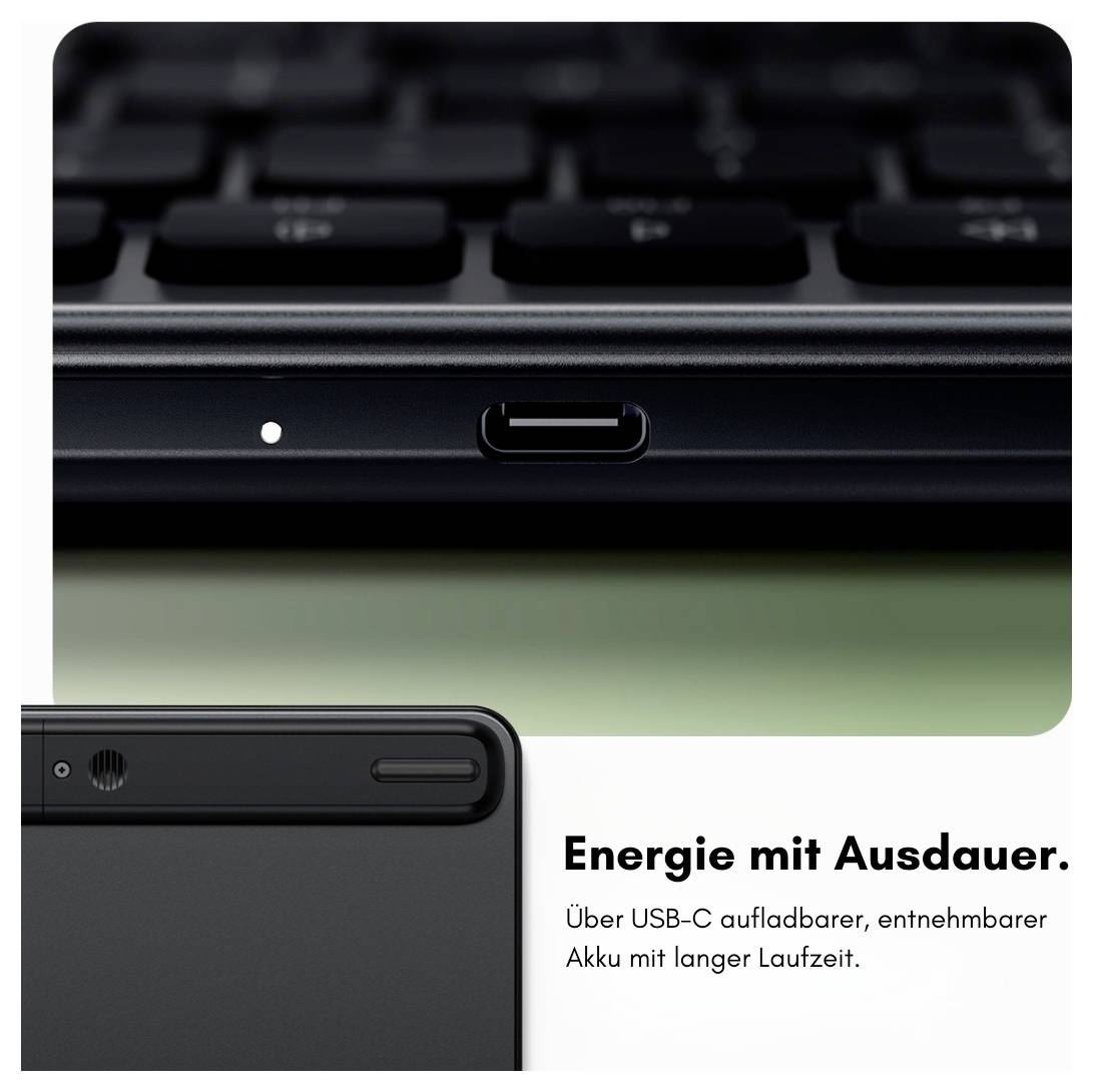 Promocja produktu pokazująca laptop z portem ładowania USB-C i wymienną baterią; tekst niemiecki mówi "Energia z wytrzymałością" i "Akumulator wymienny i ładowany przez USB-C z długim czasem pracy."