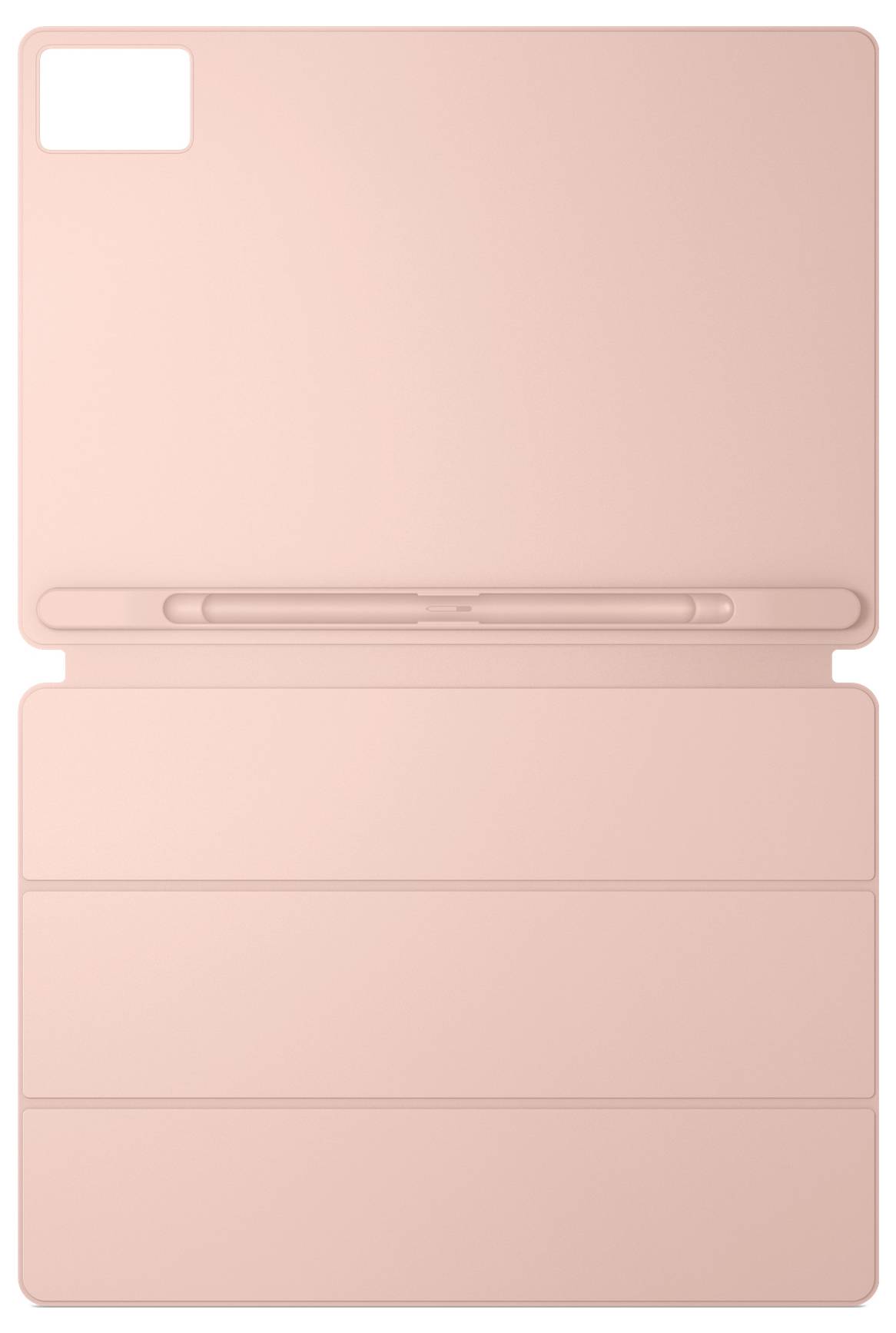Różowy składany laptop lub tablet z pustym ekranem, zamkniętą klawiaturą bazową i zaokrąglonymi narożnikami na zwykłym tle.