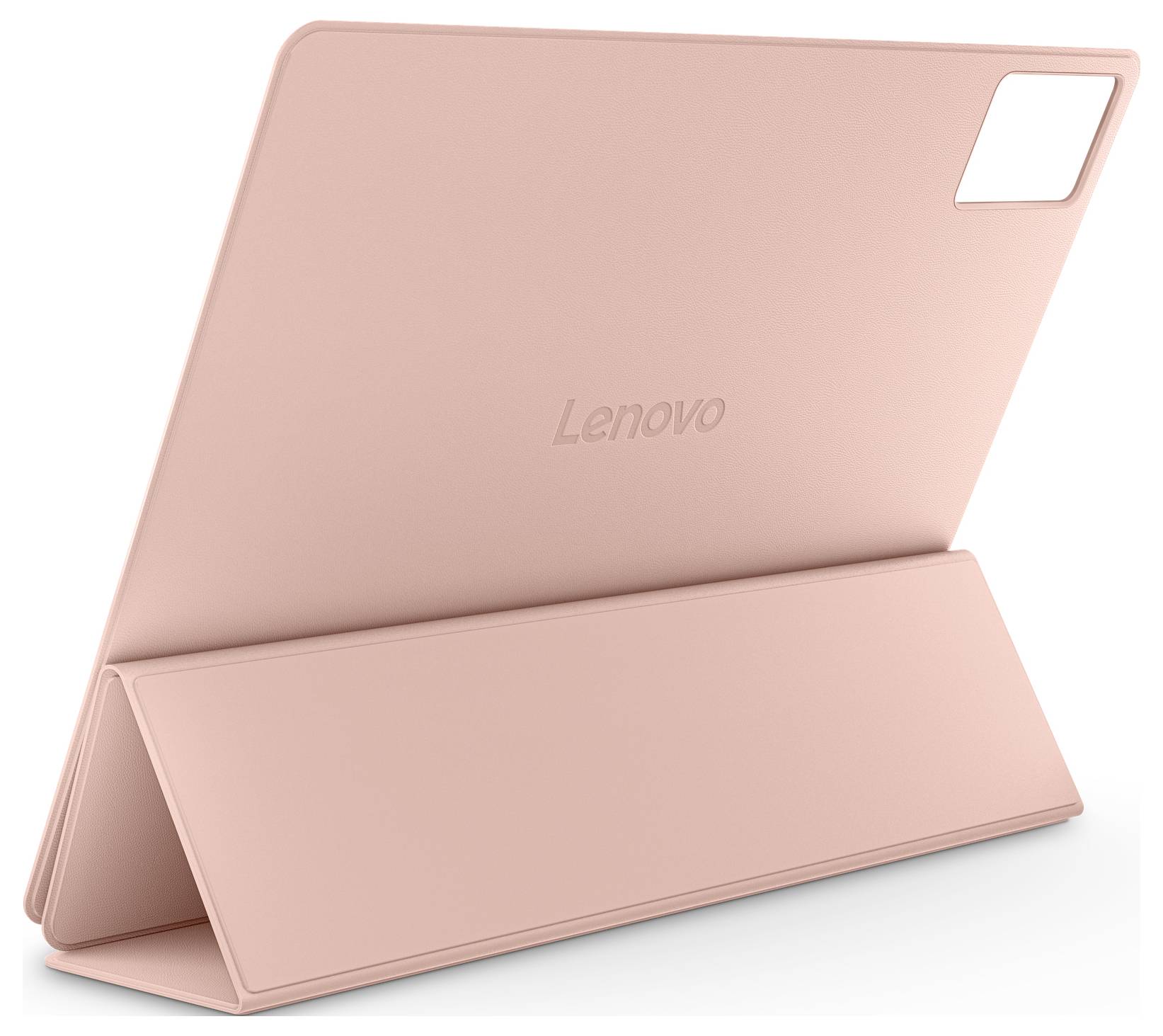 Różowy futerał Lenovo tablet folio pokazany złożony w stojak, z widocznym wycięciem aparatu tylnego i logiem.