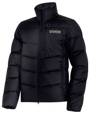 Czarna kurtka puchowa z wysokim kołnierzem i logo 'uvex' na piersi, widok z przodu na białym tle.