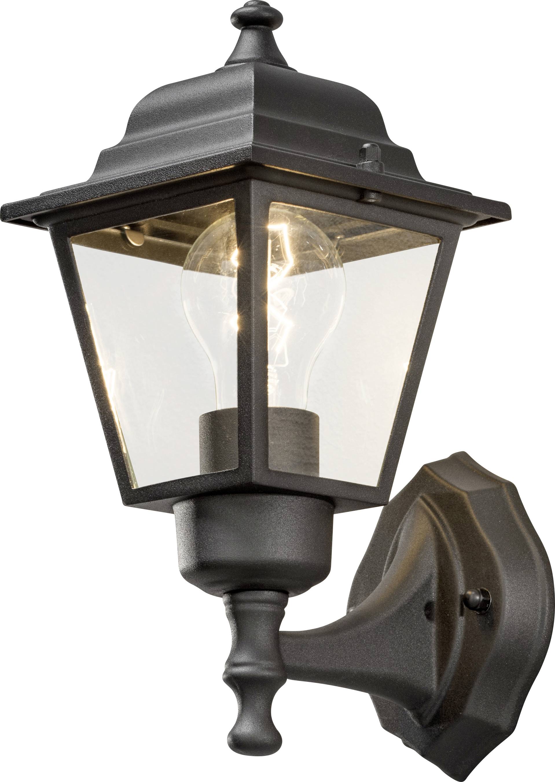 Czarna zewnętrzna lampa ścienna z przezroczystymi szybkami i odsłoniętą żarówką
