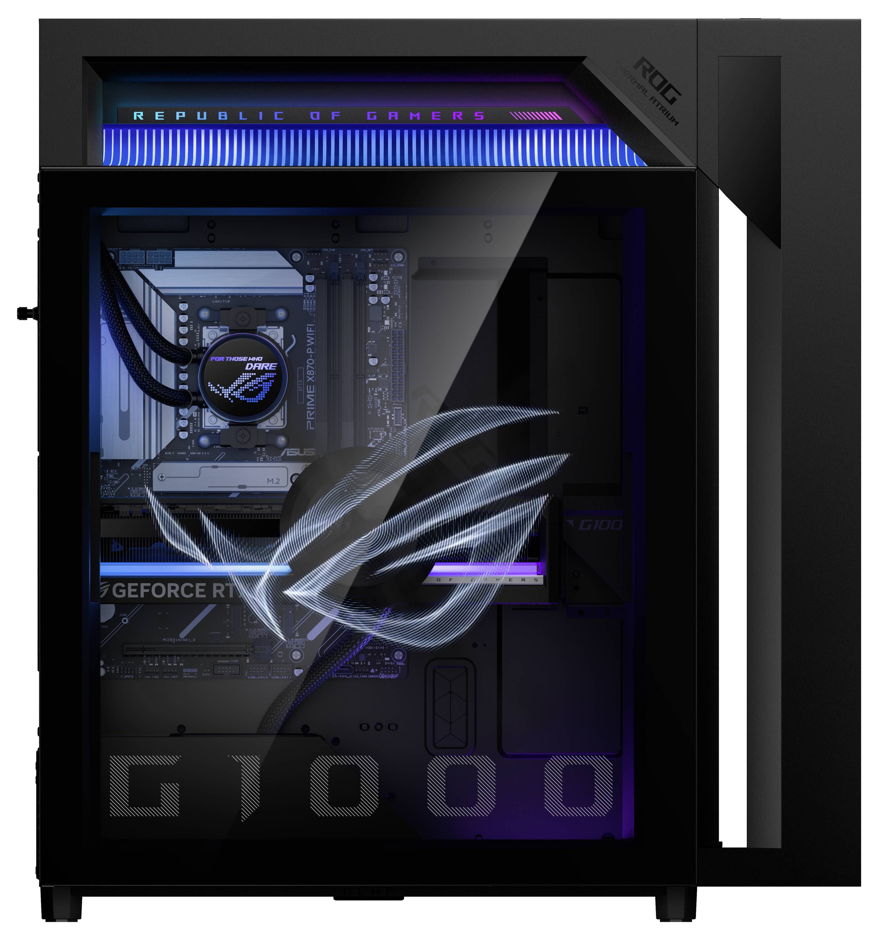 Stacjonarny komputer do gier w czarnej obudowie z oświetleniem RGB, widoczną płytą główną i kartą graficzną GeForce RTX, wyposażony w świecące logo Republic of Gamers na bocznym panelu.
