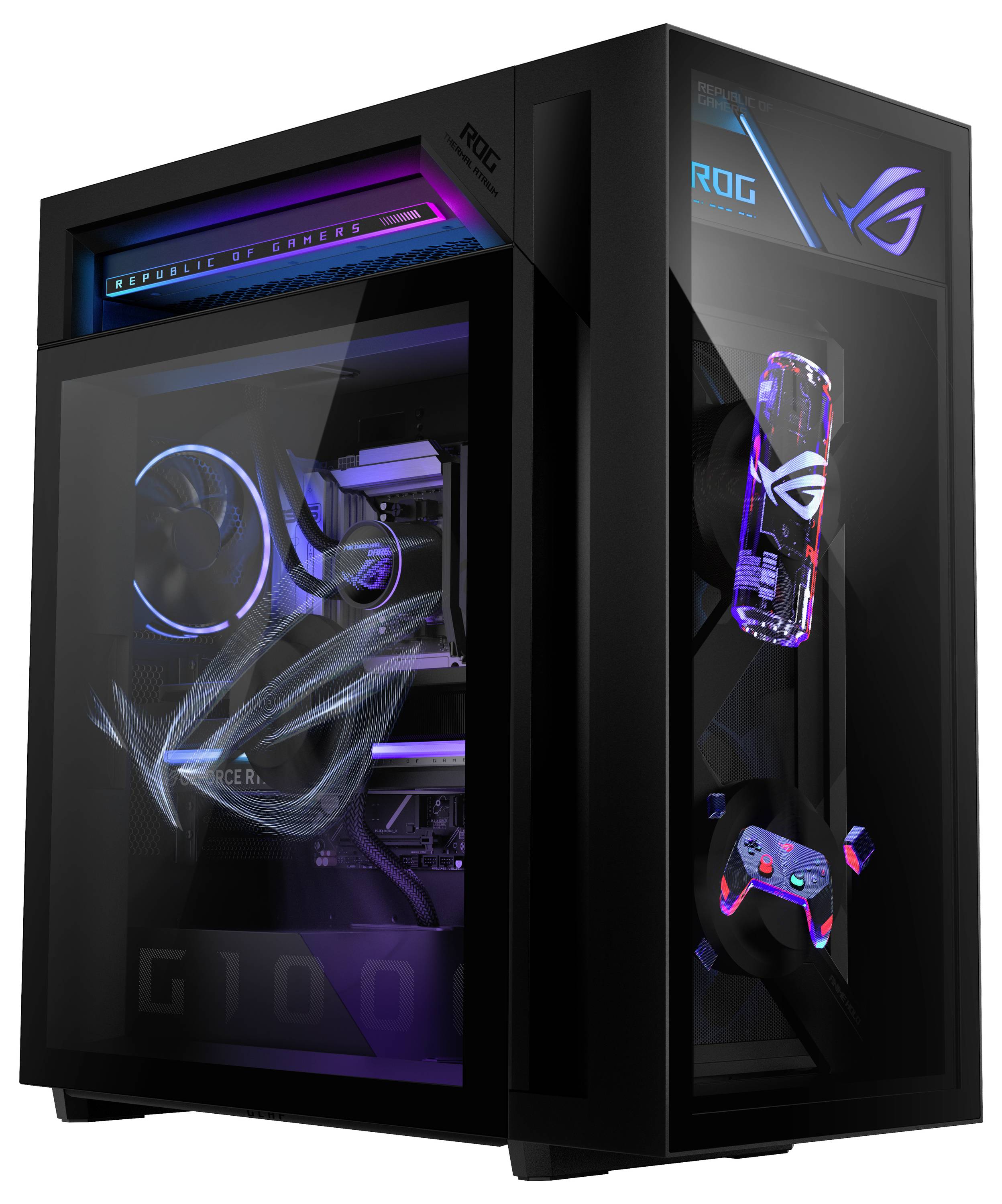 Czarna wieża komputera do gier z panelami hartowanego szkła, podświetlanym logiem ASUS ROG z diodami RGB i widocznymi komponentami wewnętrznymi, pokazana z widoku pod kątem z przodu.