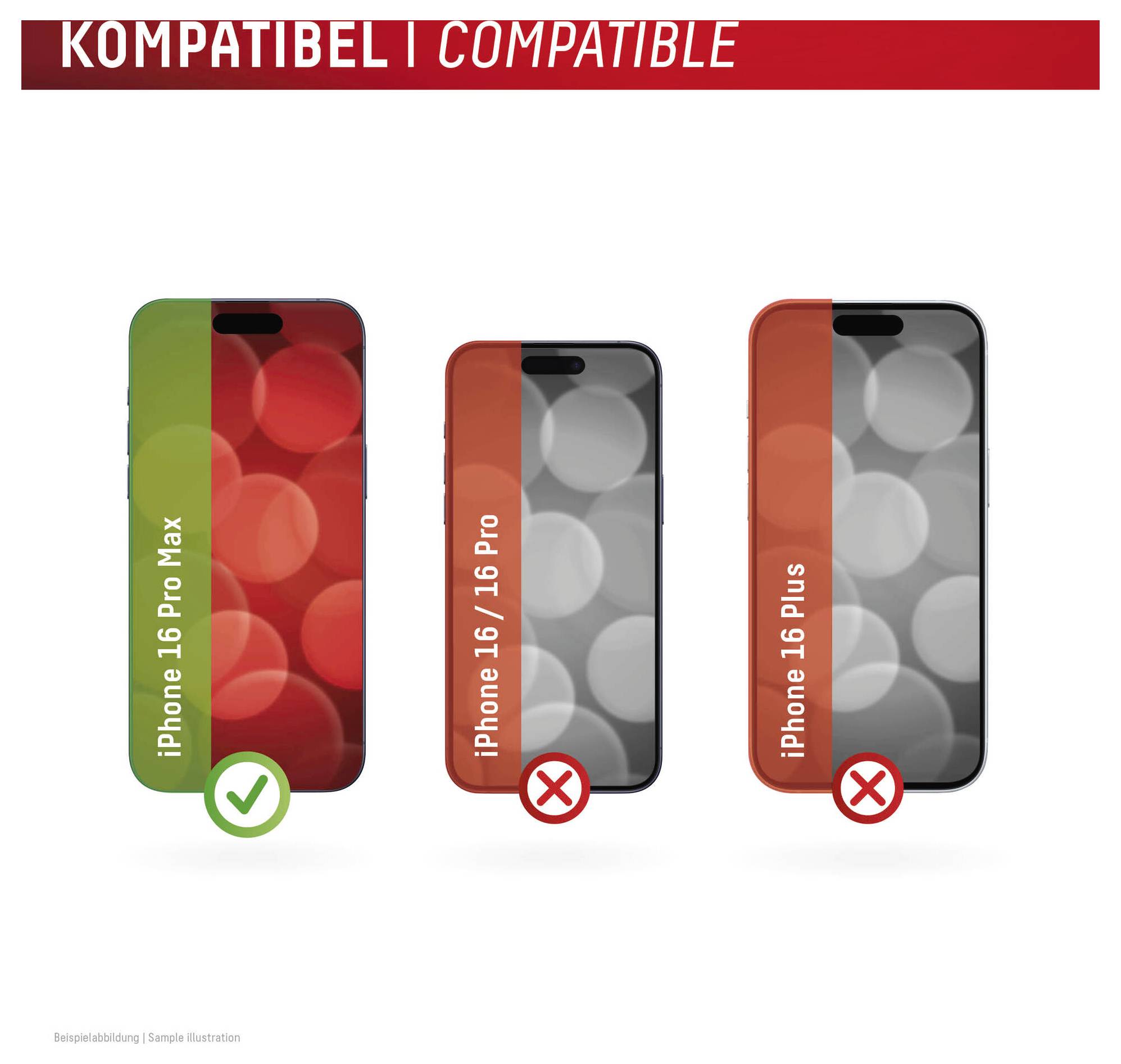 Grafika zgodności pokazująca iPhone'a 16 Pro Max ze zielonym znacznikiem potwierdzenia oraz iPhone'a 16/16 Pro i iPhone'a 16 Plus z czerwonymi znakami X.