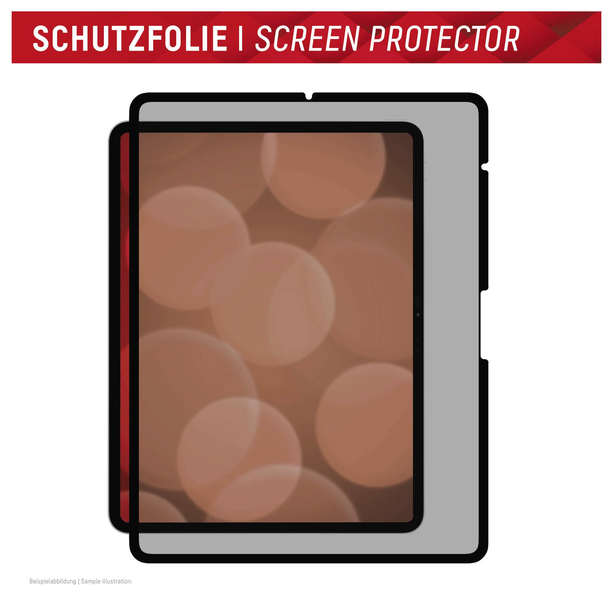 Ilustracja ekranu tabletu z folią ochronną oznaczoną "SCHUTZFOLIE | FOLIA OCHRONNA", pokazująca warstwę folii ochronnej ułożoną na ekranie tabletu.