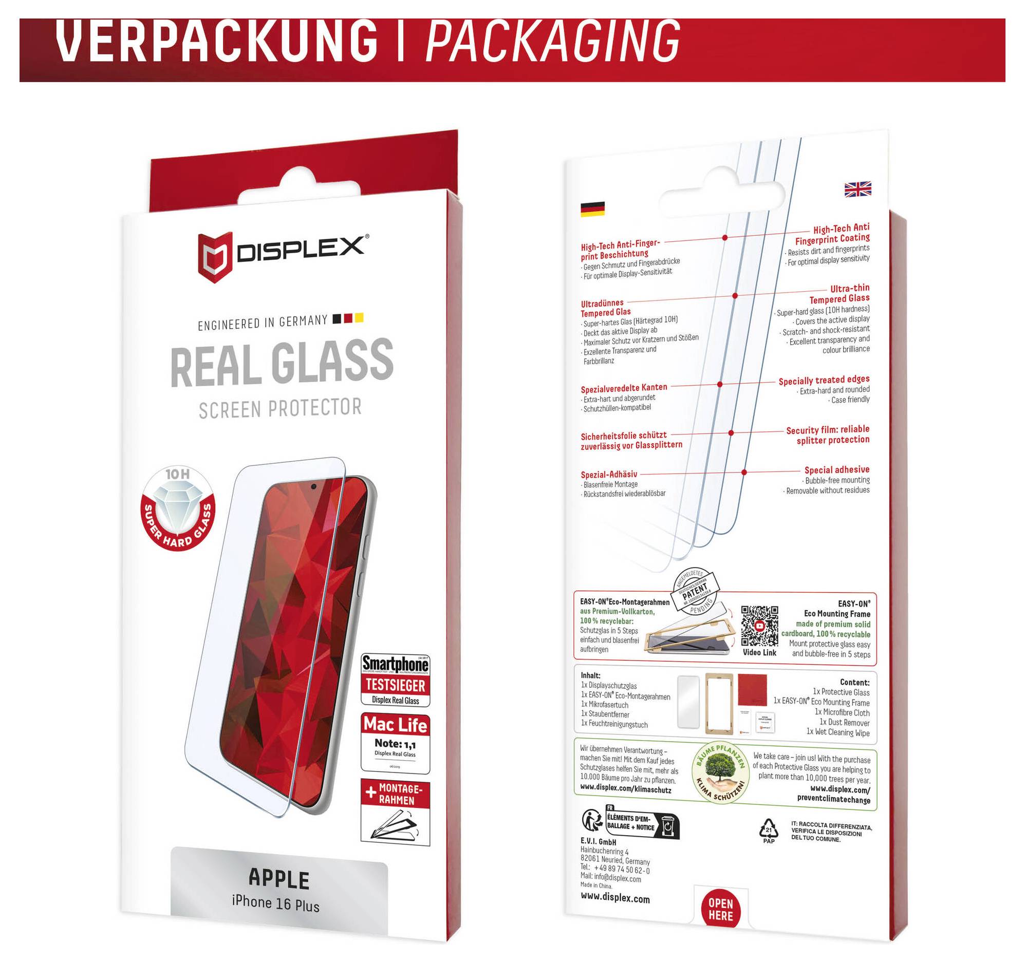 Makieta opakowania ochroniacza ekranu Displex 'Real Glass' dla Apple iPhone 16 Plus, pokazująca przód i tył pudełka z funkcjami produktu i etykietami.