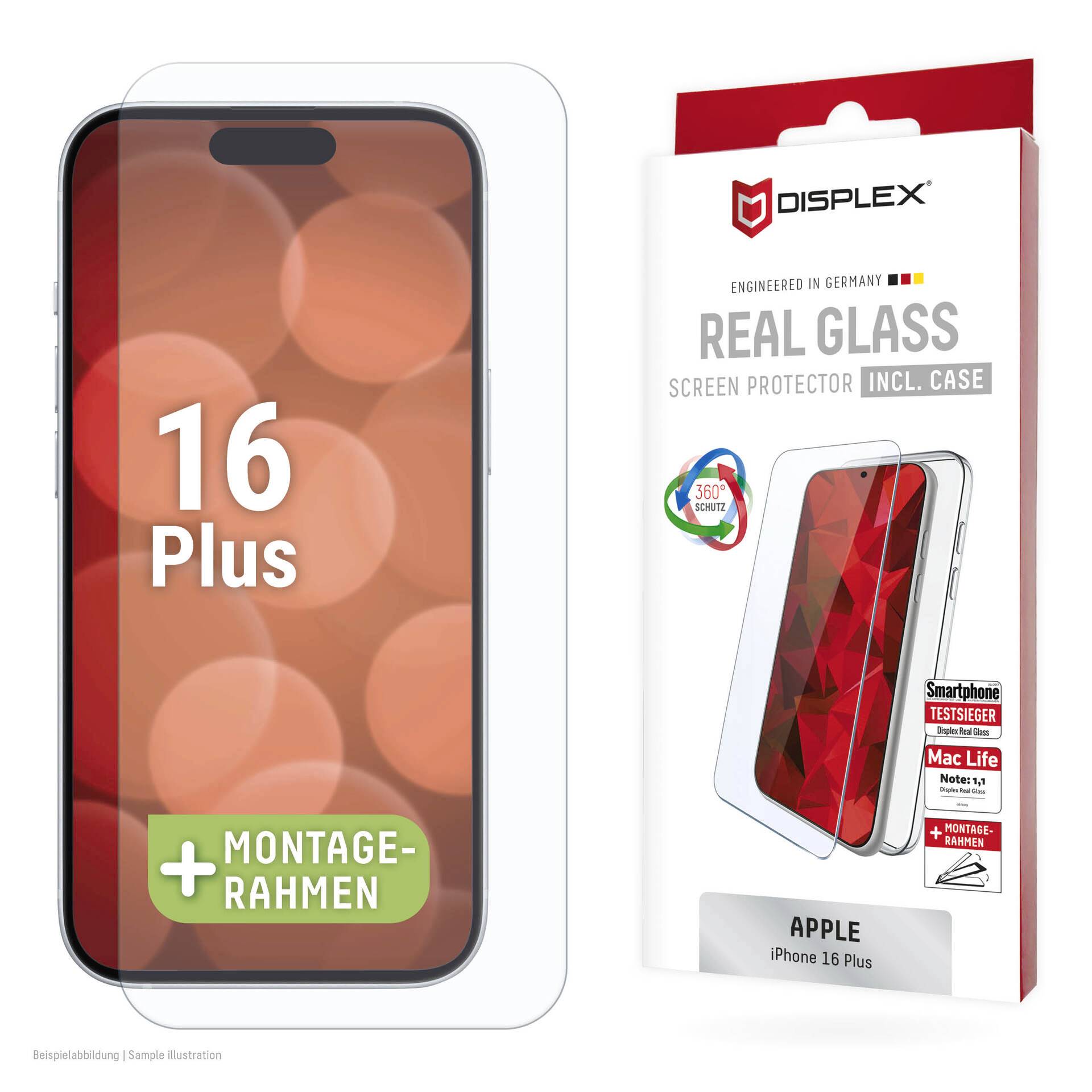 Opakowanie na osłonę ekranu DISPLEX 'Real Glass' i etui na Apple iPhone 16 Plus, pokazujące telefon, ramkę montażową i pudełko produktu.
