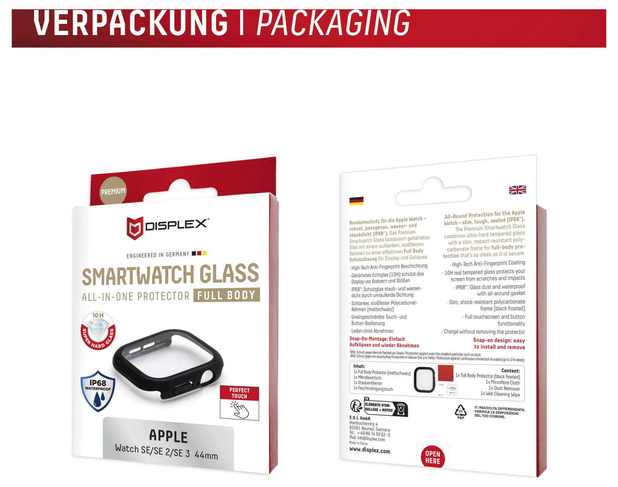 Opakowanie na Displex Smartwatch Glass - pełnoochronny protektor do Apple Watch SE/SE 2/SE 3 44mm, widok przodu i tyłu.