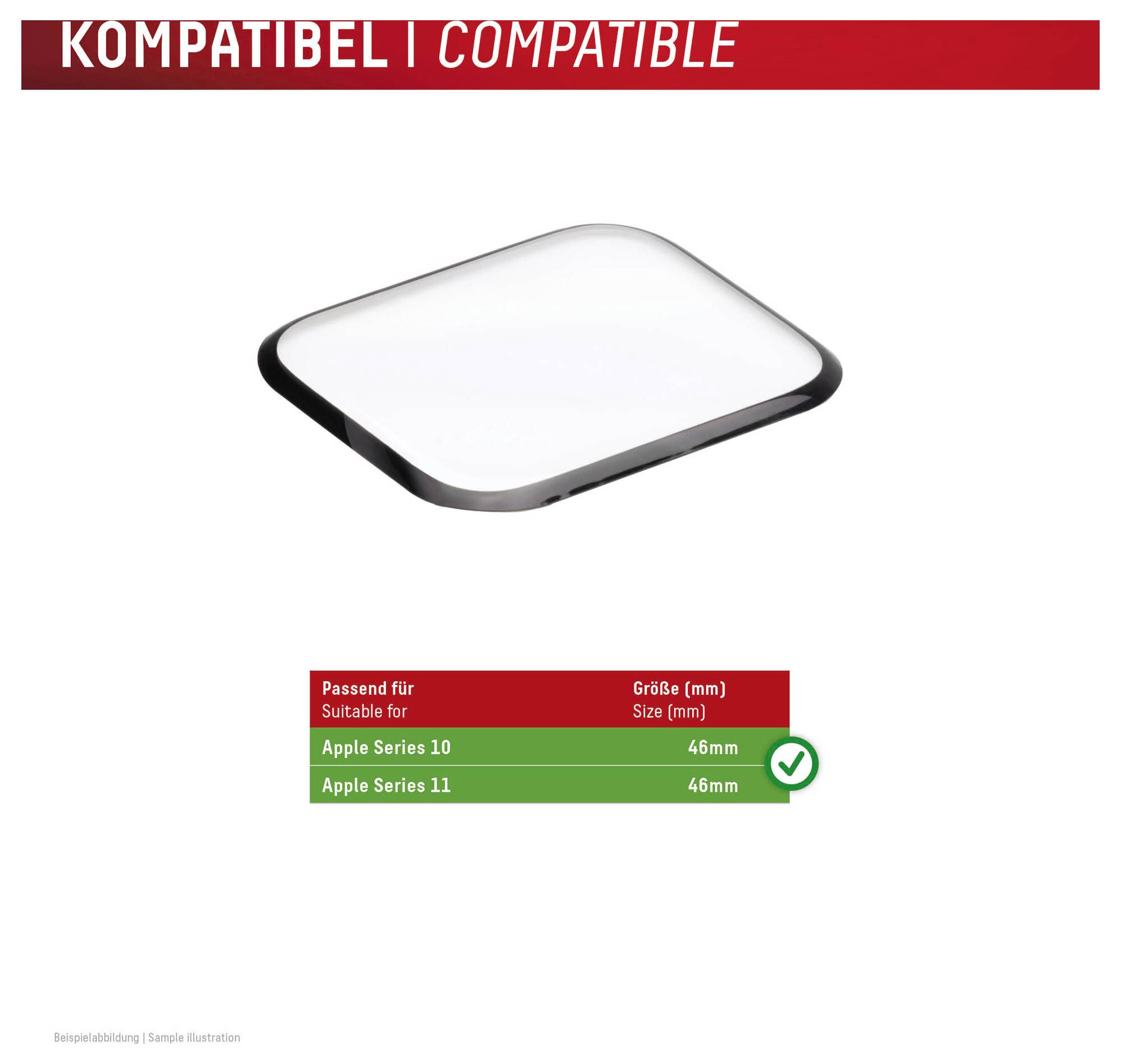 Kompatybilna obudowa Apple Watch z ekranem ochronnym do Series 10 i Series 11, 46 mm; oznaczona jako 'KOMPATIBEL | COMPATIBLE' z zielonym znaczkiem potwierdzającym.