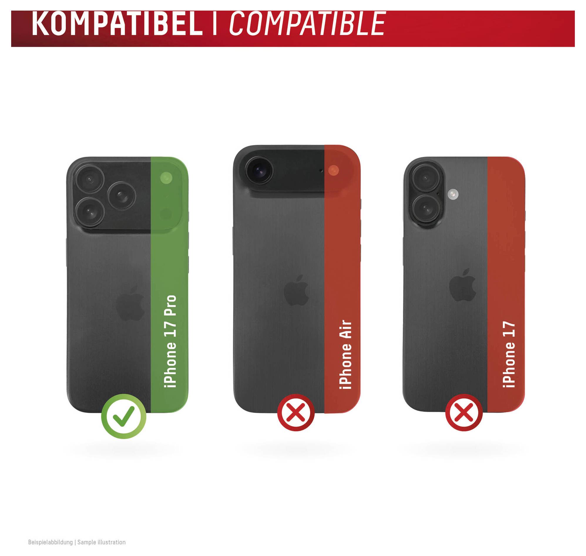 Grafika kompatybilności pokazująca iPhone'a 17 Pro z zielonym znacznikiem potwierdzenia i iPhone'a Air oraz iPhone'a 17 z czerwonymi Xs, pod etykietą 'KOMPATYBEL | COMPATIBLE'.