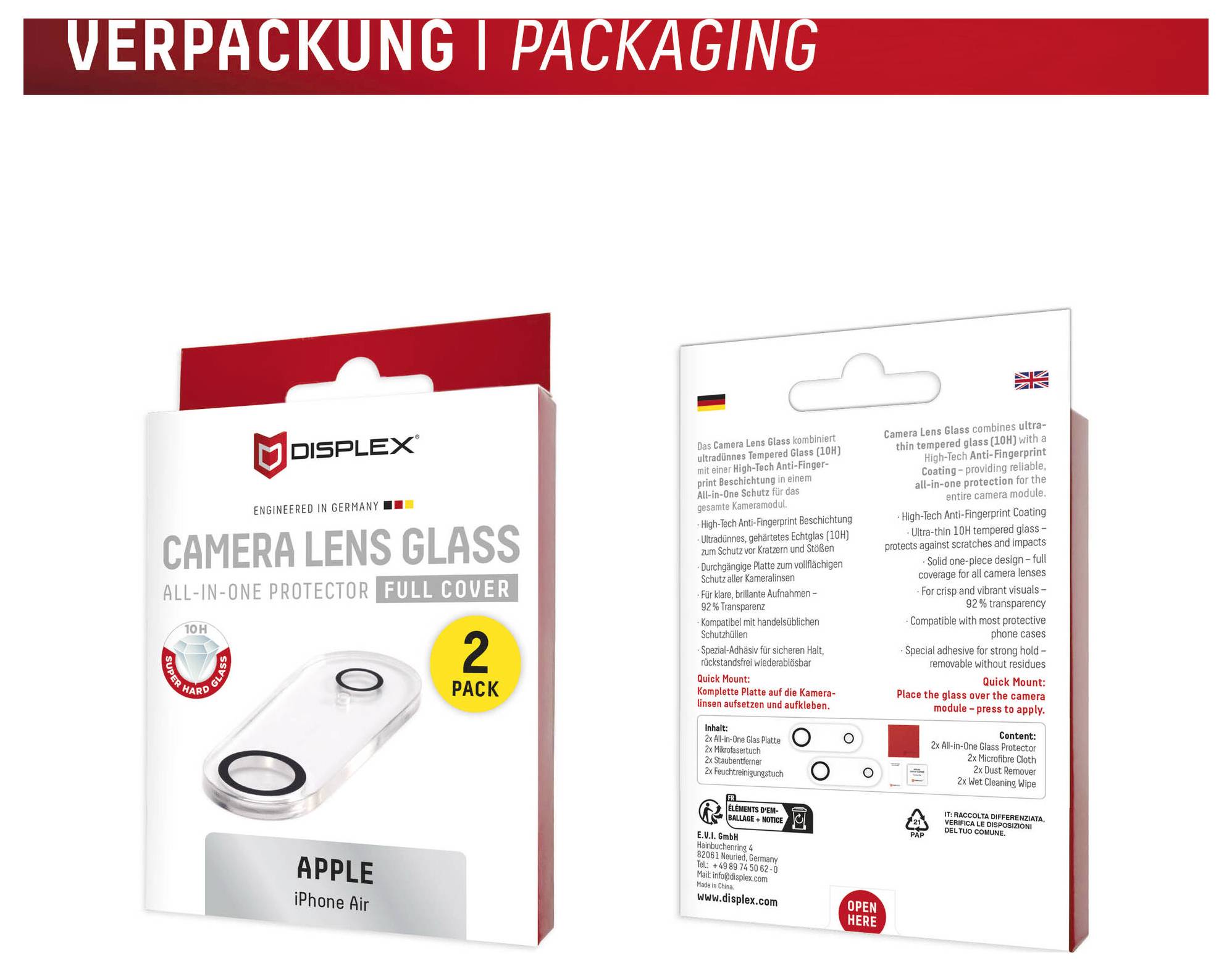 Opakowanie produktu na ochronę soczewki aparatu Displex Camera Lens Glass – kompletny ochronnik, pełne pokrycie, do Apple iPhone Air, zestaw 2 sztuk, widok przodu i tyłu.