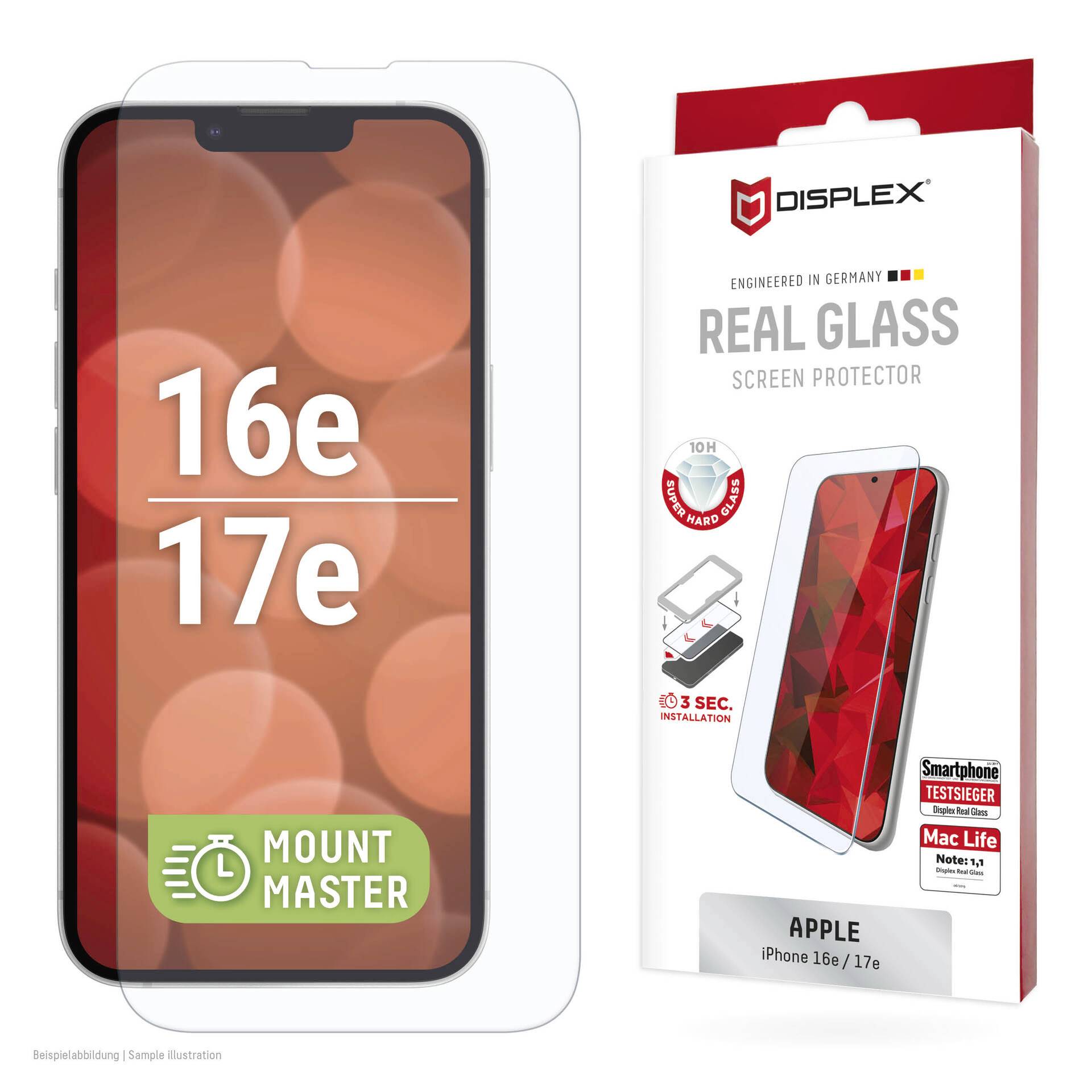 Opakowanie na ekranochron Displex Real Glass do iPhone'a 16e i 17e Apple, pokazane z makietą telefonu i ochronnym szkłem.