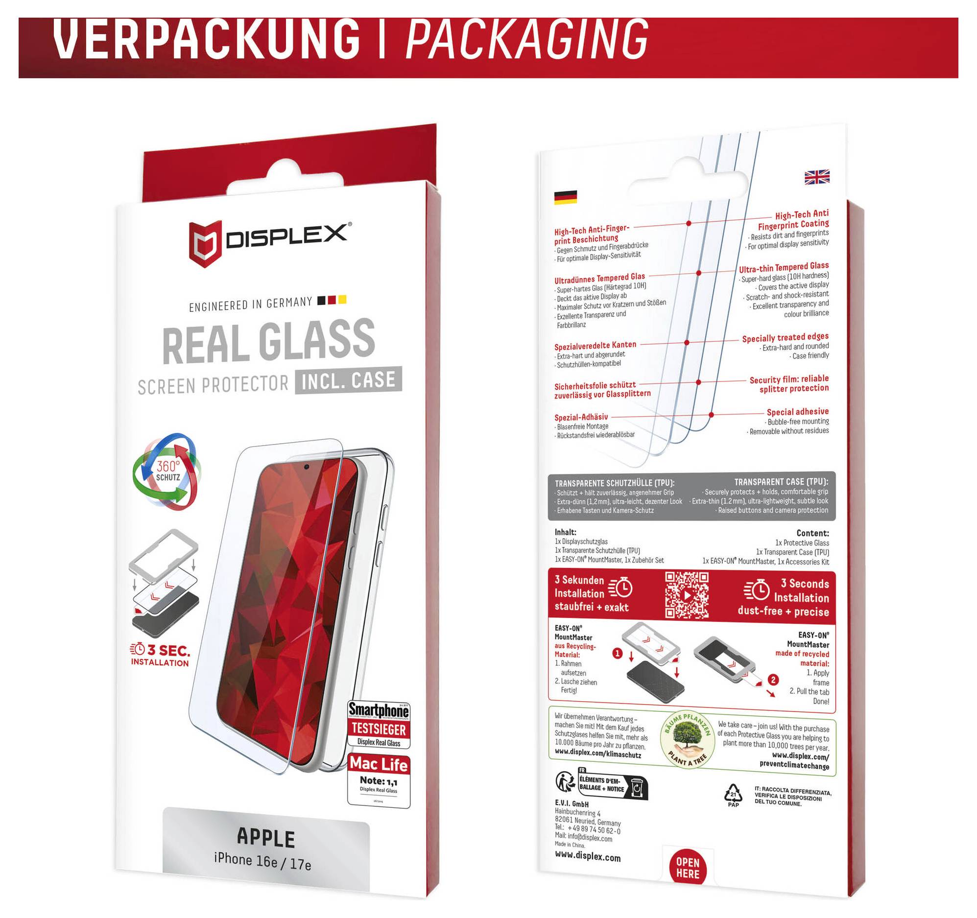Makieta opakowania dla osłony ekranu DISPLEX 'Real Glass' wraz z etui, pokazująca przód i tył opakowania Apple iPhone 16e/17e z funkcjami produktu i etapami instalacji.