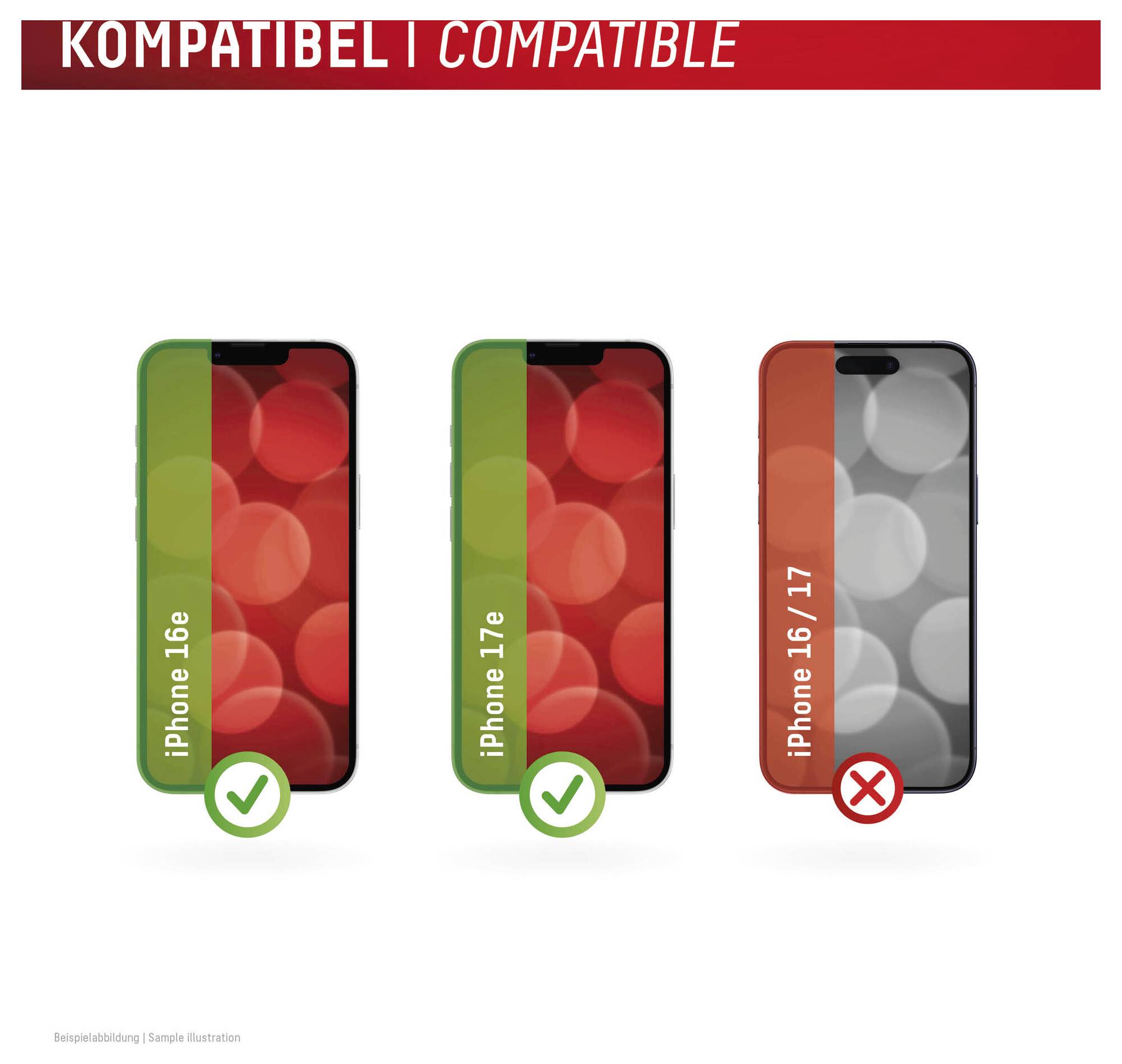Grafika kompatybilności pokazująca trzy modele iPhone'a: iPhone 16e i iPhone 17e zaznaczone zielonymi znacznikami potwierdzenia, iPhone 16/17 oznaczony jako niezgodny za pomocą czerwonego X.