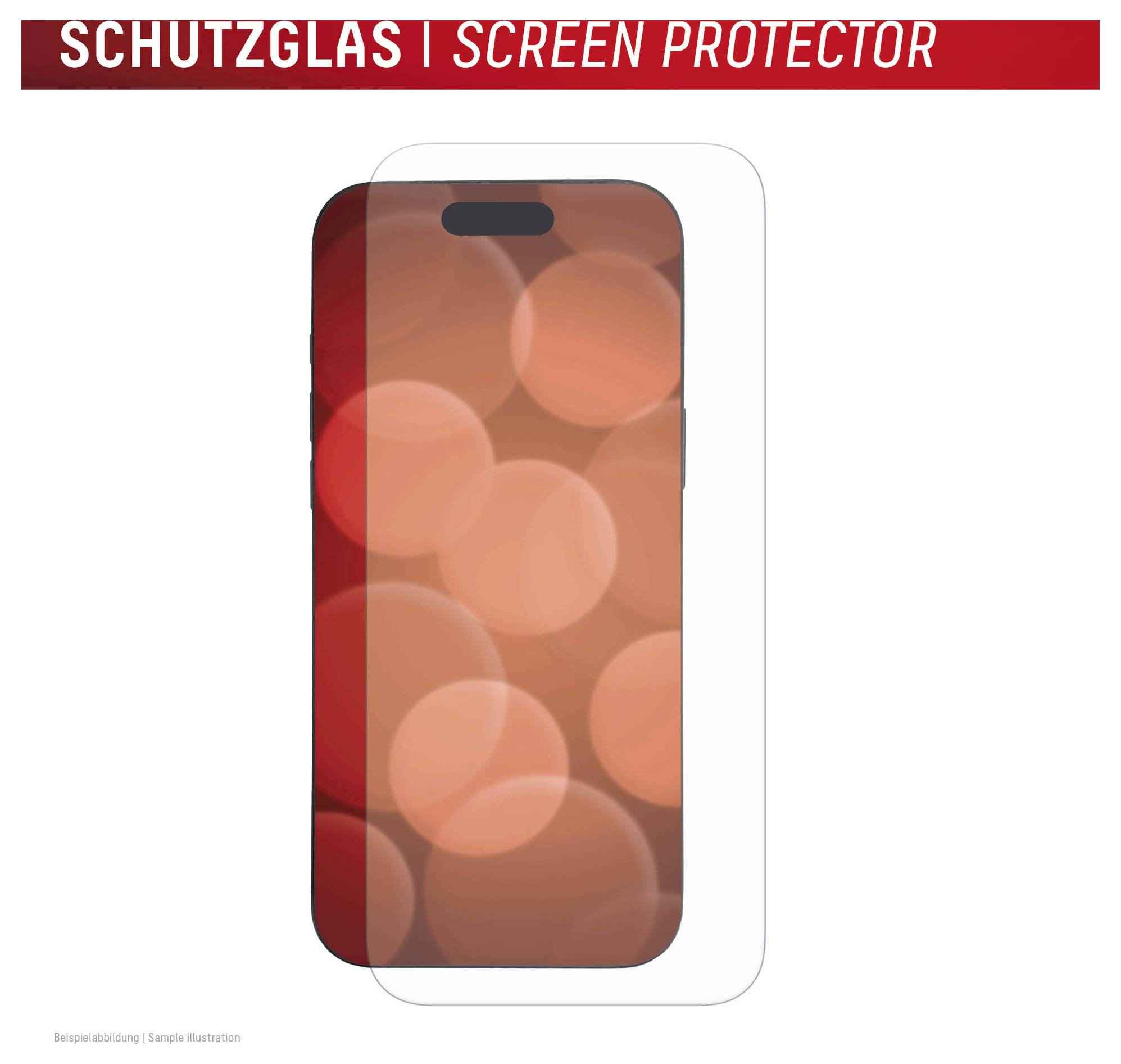 Ilustracja ochrony ekranu przedstawiająca smartfona z przezroczystą folią ochronną oznaczoną etykietą 'SCHUTZGLAS | SCREEN PROTECTOR' nad nim.
