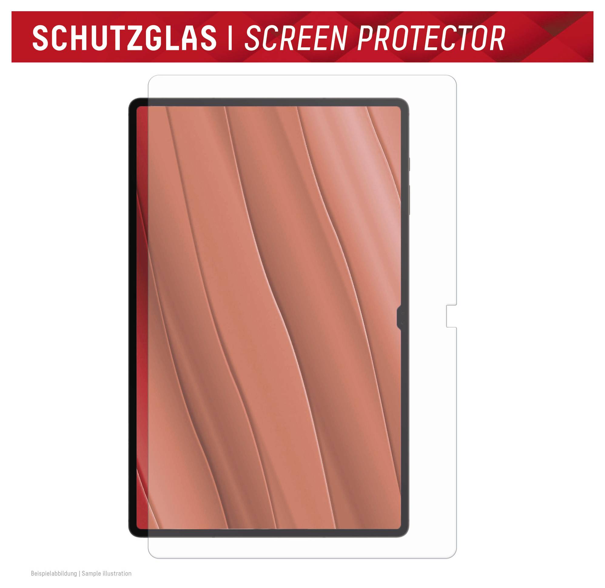Ilustracja osłony ekranu tabletu z banerem „SCHUTZGLAS | SCREEN PROTECTOR" nad konturem tabletu i przezroczystą arkuszem osłonowym.