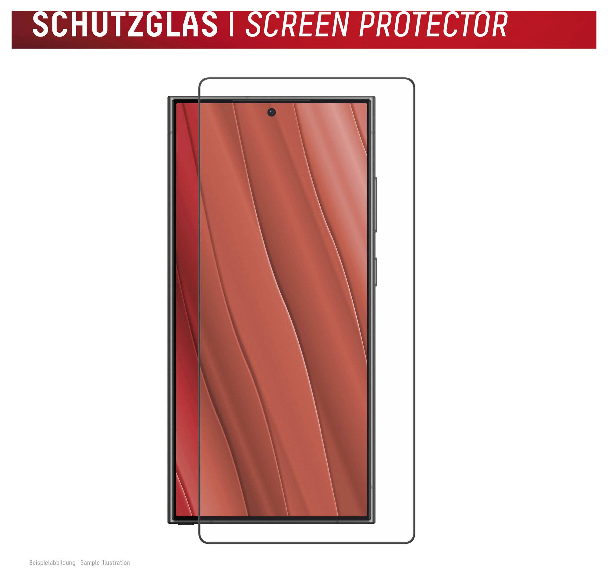 Ochrona ekranu smartfona widoczna na wyświetlaczu telefonu z etykietą "SCHUTZGLAS | SCREEN PROTECTOR" u góry.