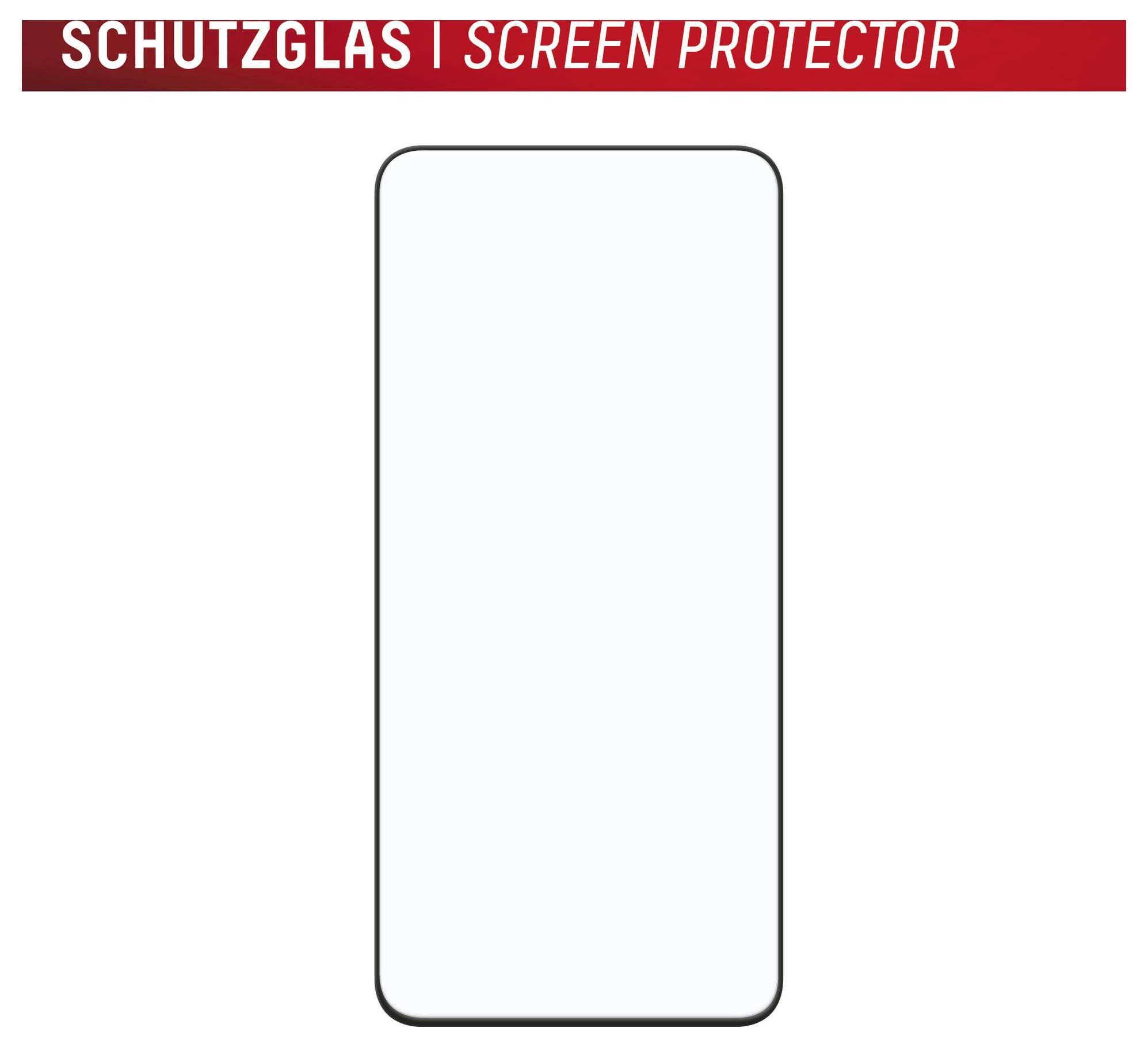 Pusty zarys ekranu smartfona z etykietą „SCHUTZGLAS | SCREEN PROTECTOR" u góry.
