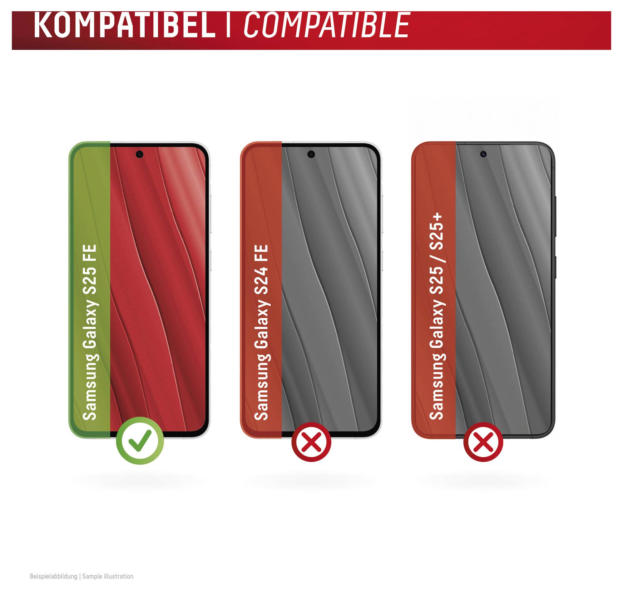 Grafika zgodności pokazująca, że Samsung Galaxy S25 FE jest kompatybilny, podczas gdy Samsung Galaxy S24 FE oraz S25/S25+ nie są kompatybilne.