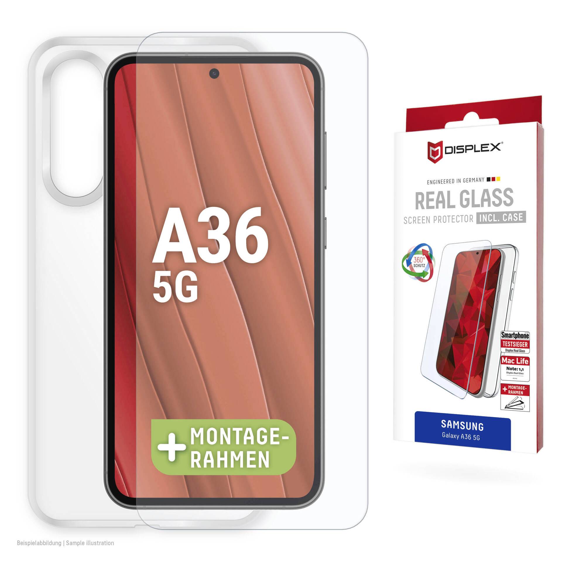 Ochrona ekranu Samsung Galaxy A36 5G z etui, przedstawiona jako przezroczysta ochrona ze szkła i opakowanie detaliczne oznaczone jako 'REAL GLASS' i 'A36 5G'.