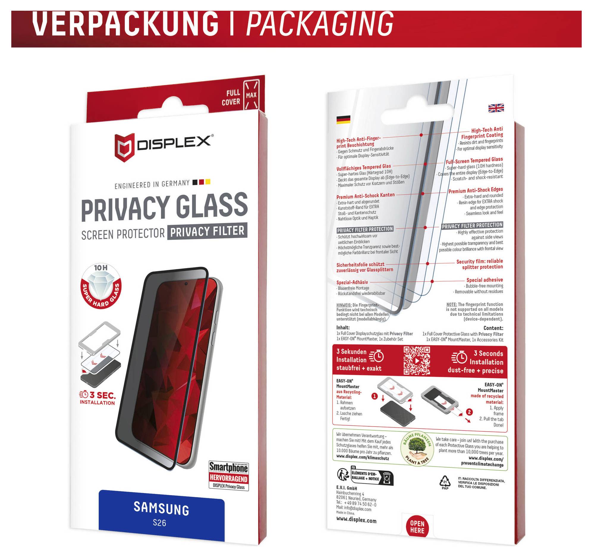 Opakowanie detaliczne do hartowanego szkła ochronnego Displex Privacy dla Samsung S26, pokazujące przód i tył pudełka z funkcjami produktu i instrukcjami instalacji.