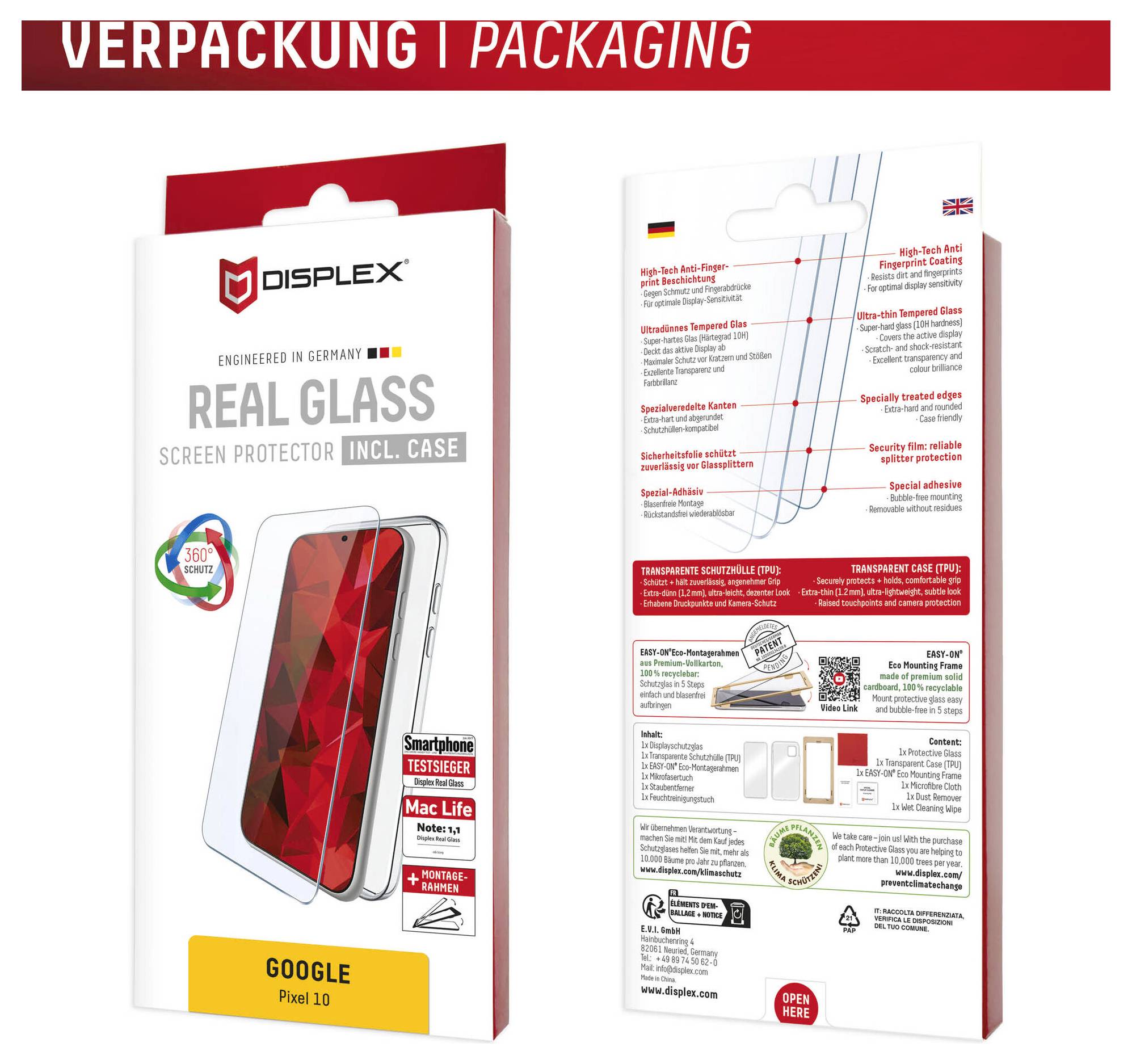 Obraz opakowania pokazujący Displex Real Glass - szklaną osłonę ekranu dla Google Pixel 10, z przodu i tyłu pudełka produktu oraz wyróżnieniami funkcji.