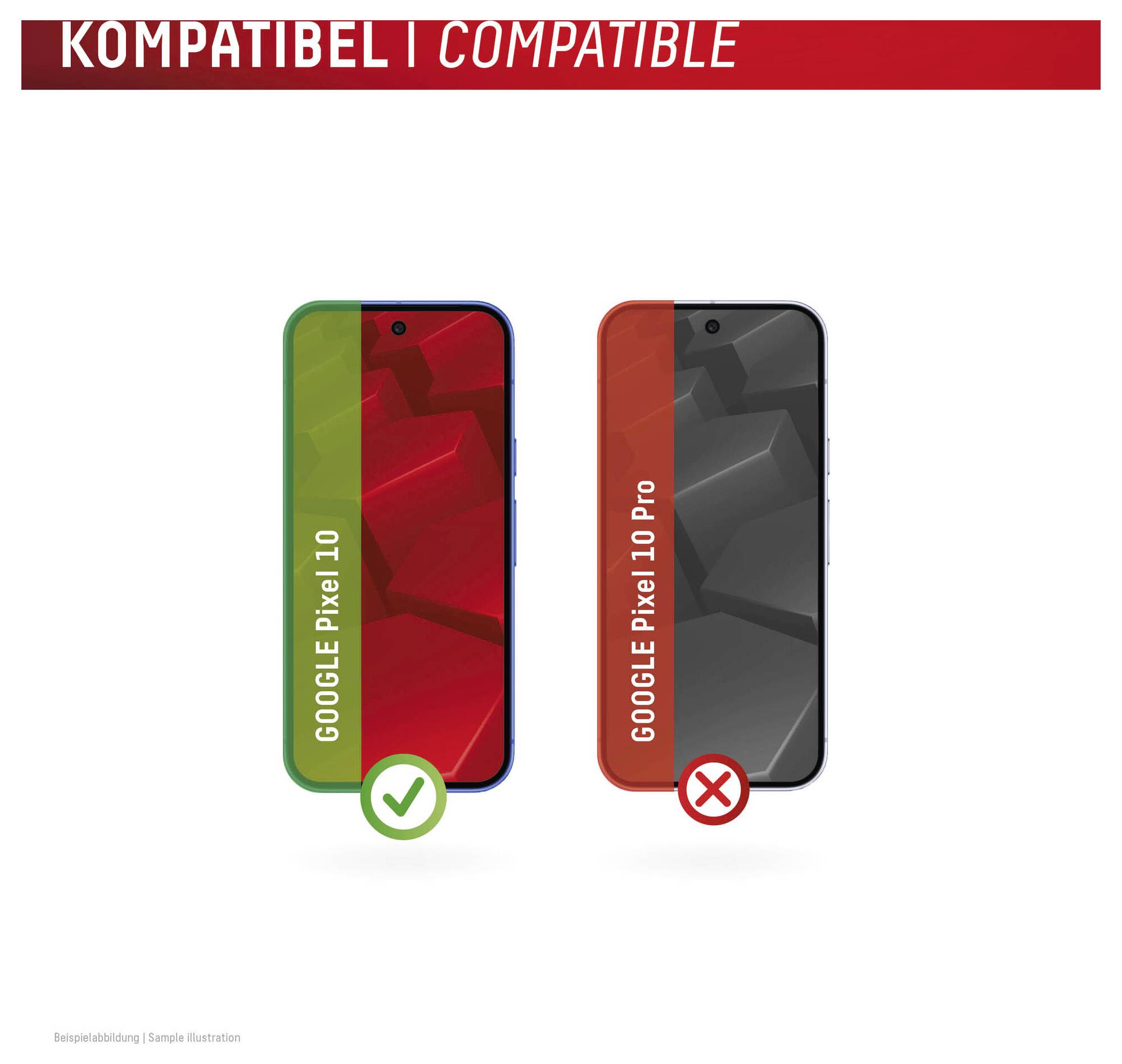 Tabela zgodności pokazująca, że Google Pixel 10 jest obsługiwany zielonym ptaszkiem, natomiast Google Pixel 10 Pro nie jest obsługiwany oznaczony czerwonym X.