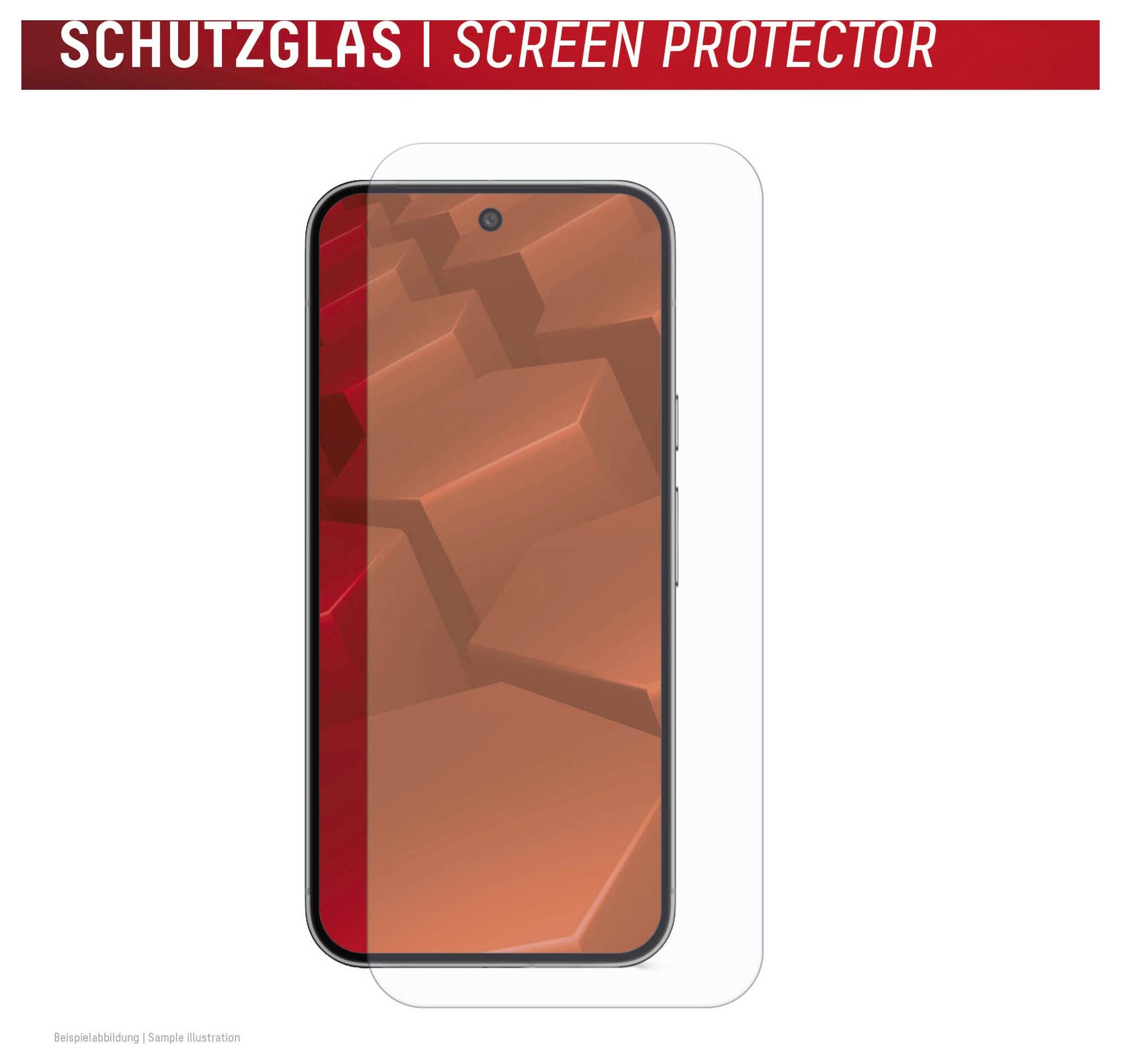 Telefon komórkowy z przezroczystą nakładką ochronną na ekran; tekst baneru brzmi 'SCHUTZGLAS | OCHRONA EKRANU'.