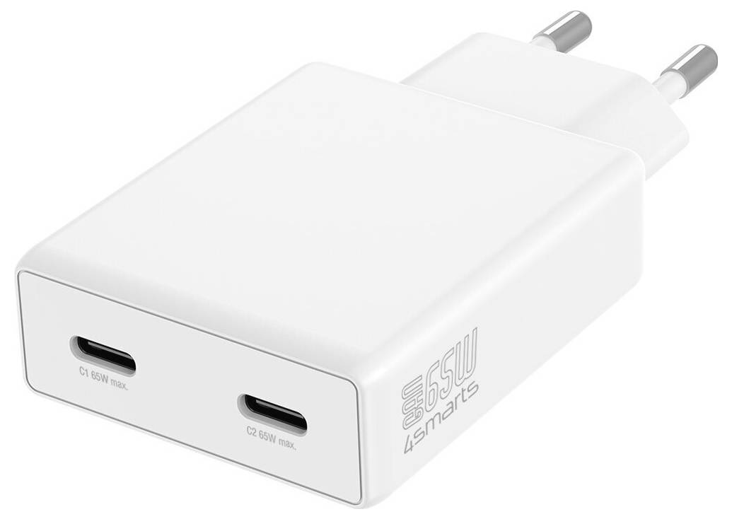 Biała ładowarka sieciowa z dwoma portami USB-C z dwoma wtyczkami, oznaczona 65W i 45W, pokazana na jednolitym tle.