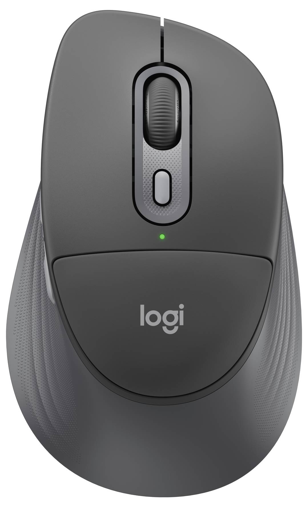 Szara bezprzewodowa mysz komputerowa Logitech z kółkiem przewijania, uchwytami bocznymi i zielonym wskaźnikiem światła