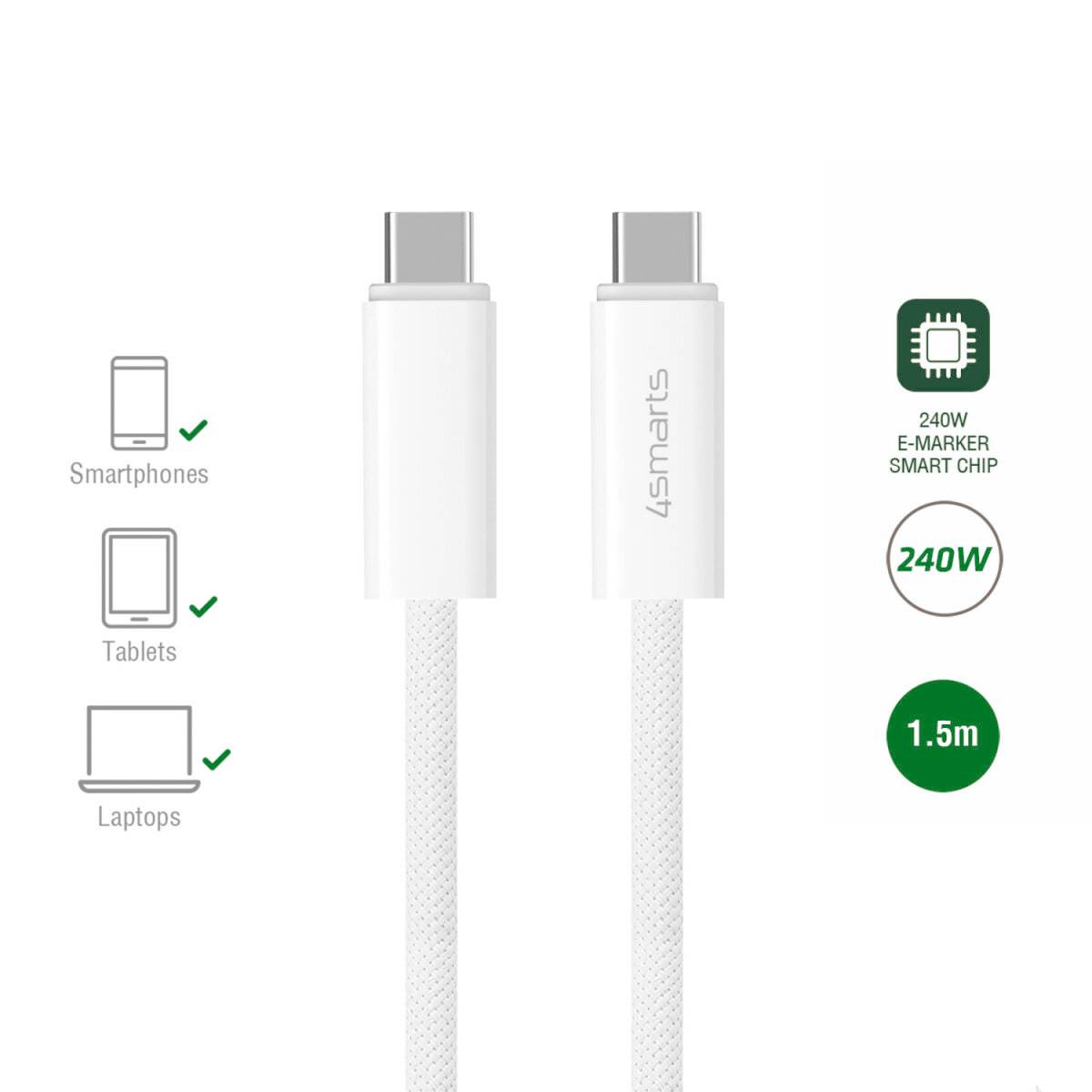 Biały kabel ładujący USB-C z inteligentnym chipem E-Marker 240W, długość 1,5m, kompatybilny ze smartfonami, tabletami i laptopami.