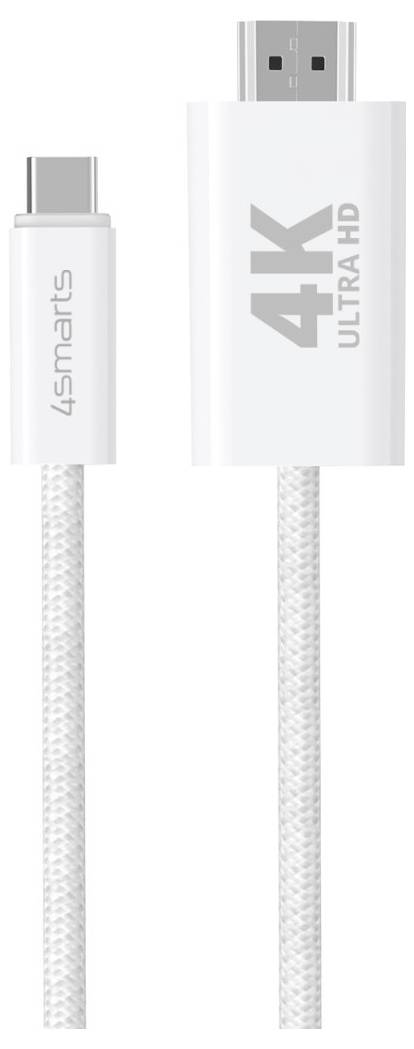Biały kabel USB-C do USB-A z oplecionymi przewodami, oznaczony etykietami "4Smarts" i "4K ULTRA HD" na złączach.