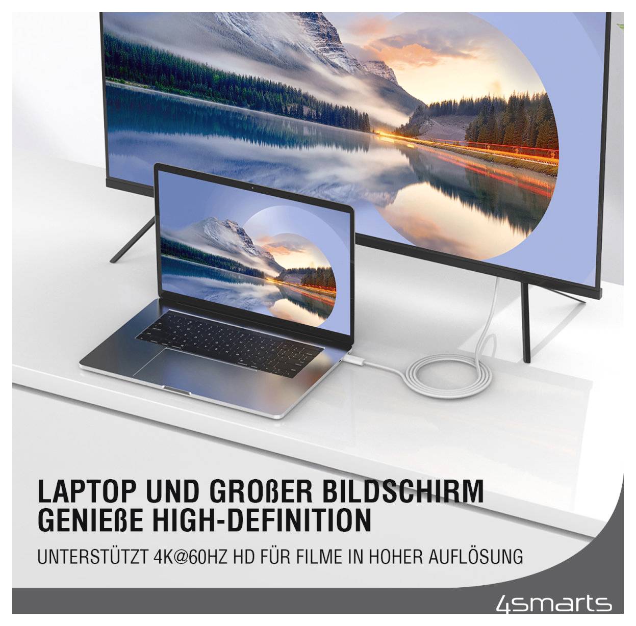 Laptop podłączony do dużego monitora wyświetlającego ten sam krajobraz; niemiecki tekst promuje oglądanie w wysokiej rozdzielczości i obsługę 4K@60Hz do filmów.