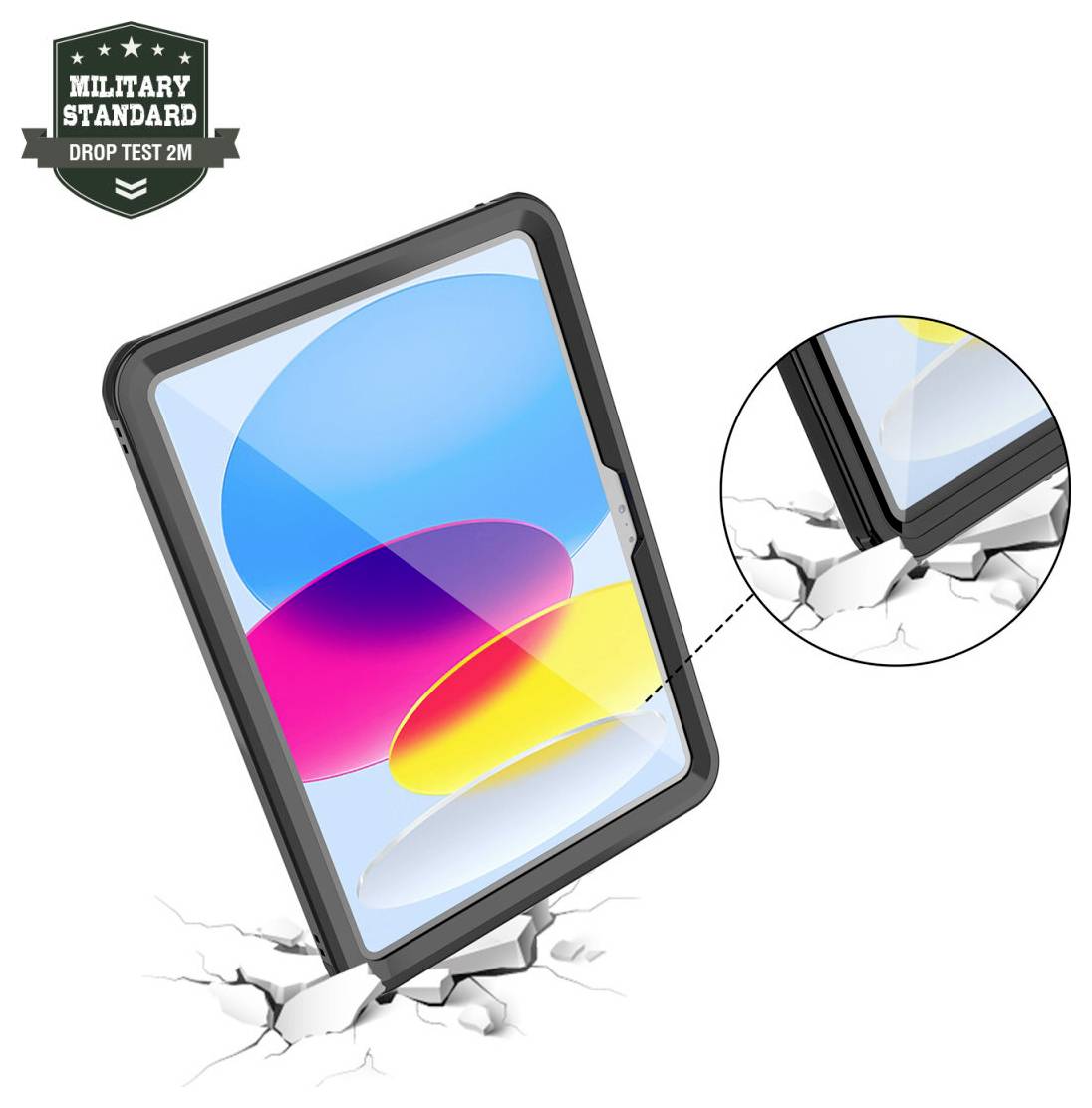 Tablet w wytrzymałej obudowie pokazujący 'MILITARY STANDARD DROP TEST 2M' i pęknięcia w miejscu uderzenia, z wstawką zbliżenia uszkodzenia rogu.