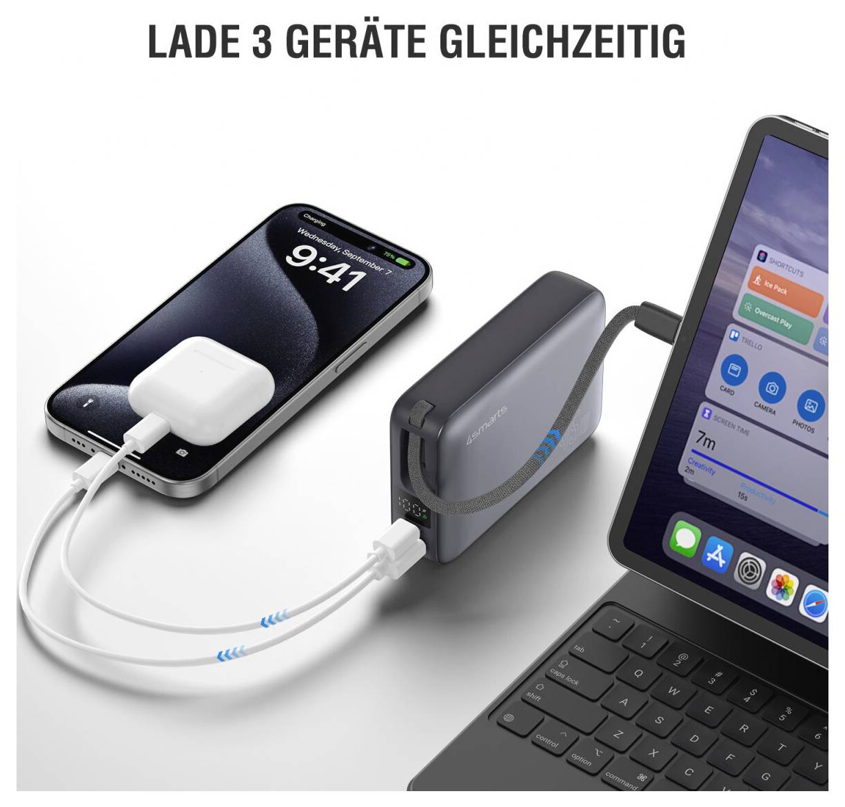 Przenośna bateria ładuje iPhone'a i iPad'a jednocześnie, ładując etui słuchawek bezprzewodowych; tekst mówi "ŁADUJ 3 URZĄDZENIA JEDNOCZEŚNIE" (ładuj 3 urządzenia naraz).