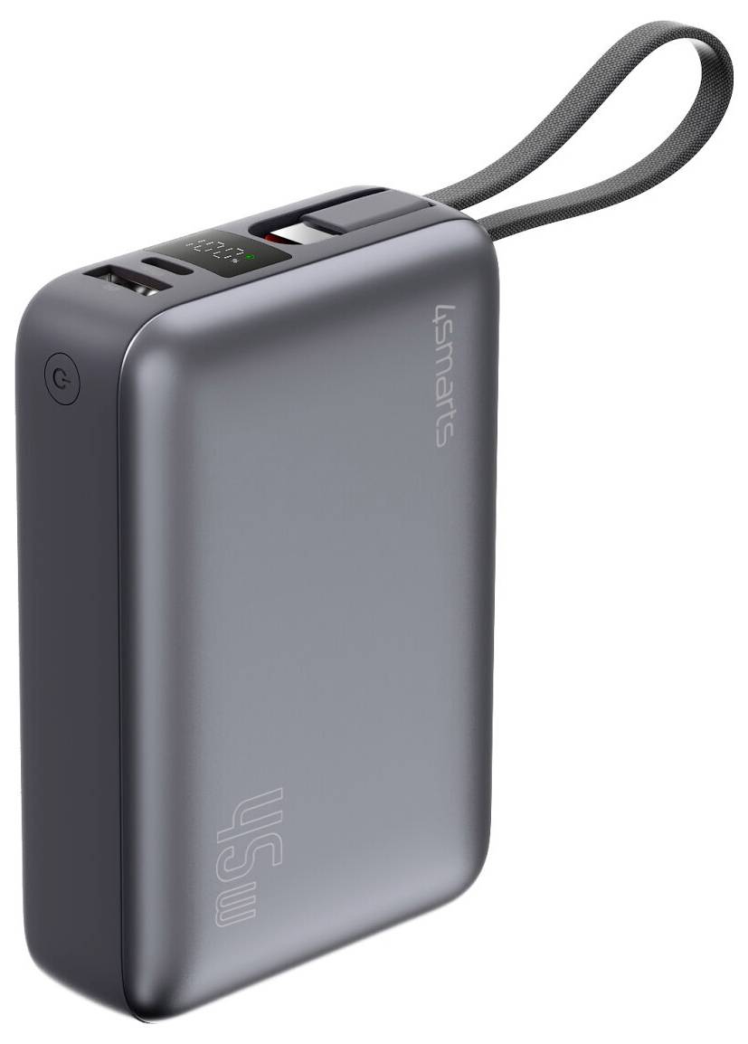 Przenośny powerbank ze sznurkiem na nadgarstek, pokazujący porty USB i przycisk zasilania na ciemnoszarym prostokątnym urządzeniu.