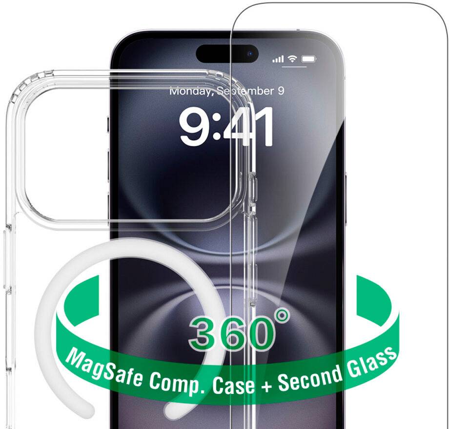 Przezroczyste etui do iPhone'a kompatybilne z MagSafe ze szkłem ochronnym wyświetlanym na telefonie, oznaczone '360° MagSafe Comp. Case + Second Glass'.