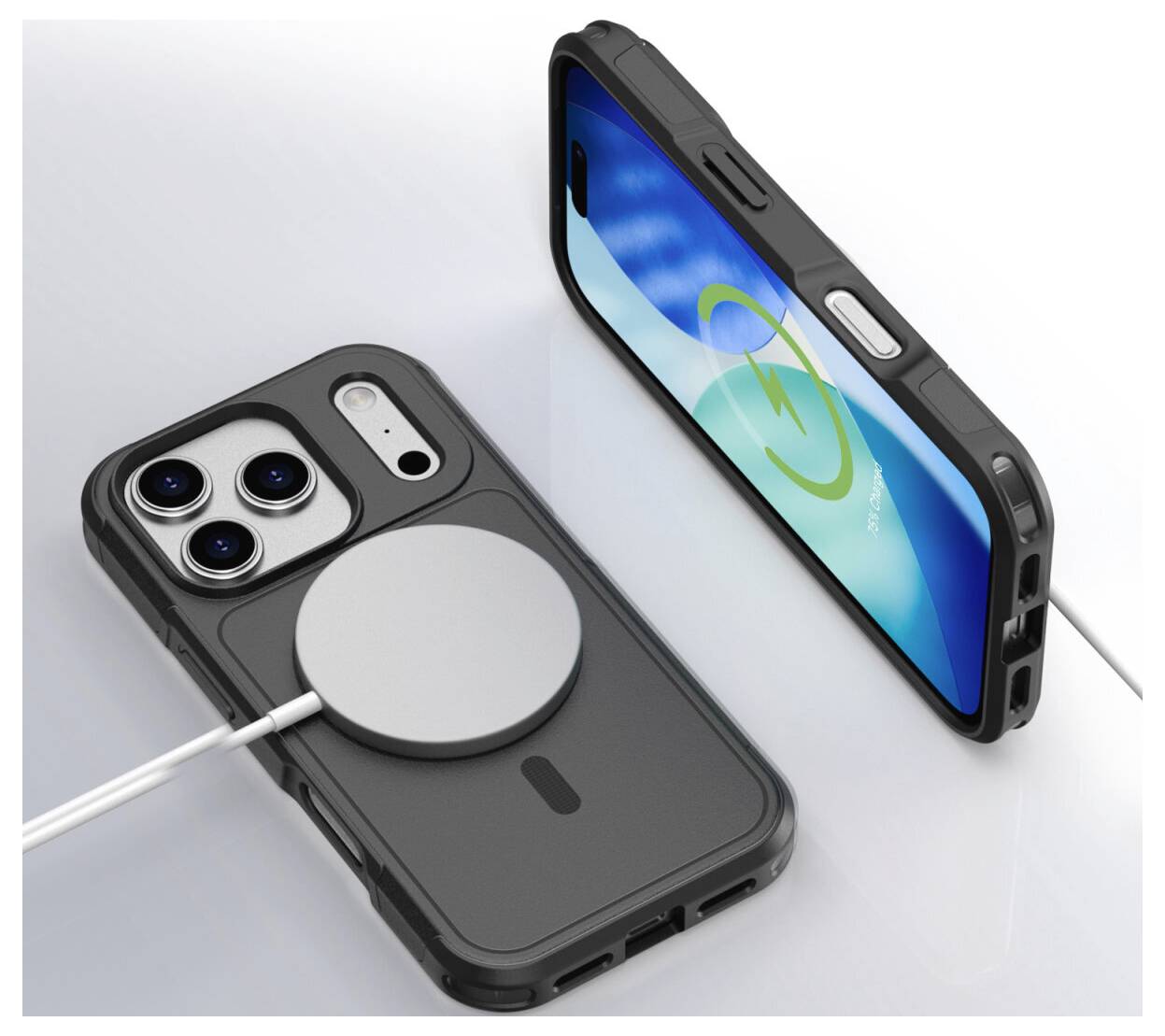 Dwa smartfony pokazane z ładowaniem bezprzewodowym: jeden telefon leży face down z dołączonym ładowarką MagSafe, podczas gdy drugi stoi pionowo wyświetlając symbol ładowania.