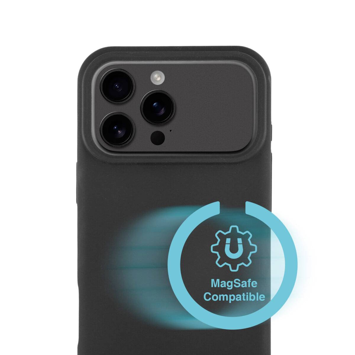 Czarny futerał na smartfon z wycięciem na kamerę i logo 'MagSafe Compatible' wyróżnionym niebieskim pierścieniem.