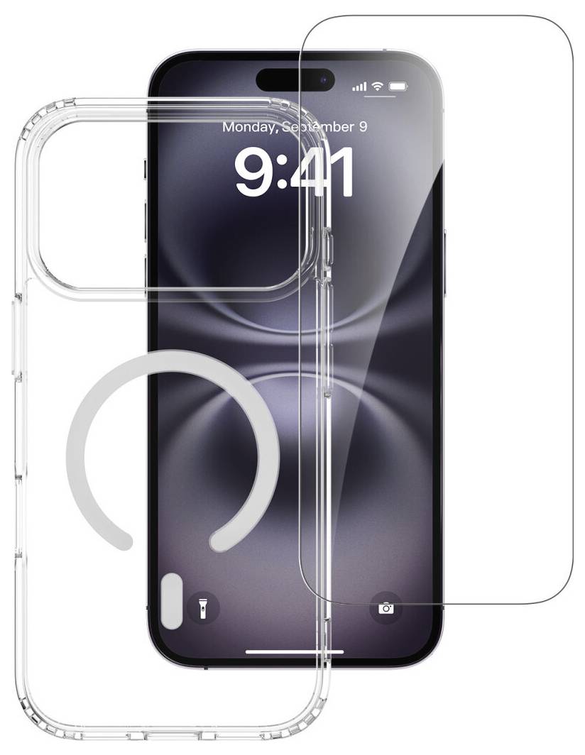 Widok frontalny iPhone'a pokazujący ekran blokady, z przezroczystymi i przyciemnianymi ochronnymi etui oraz pierścieniem w stylu MagSafe nałożonym wokół niego.