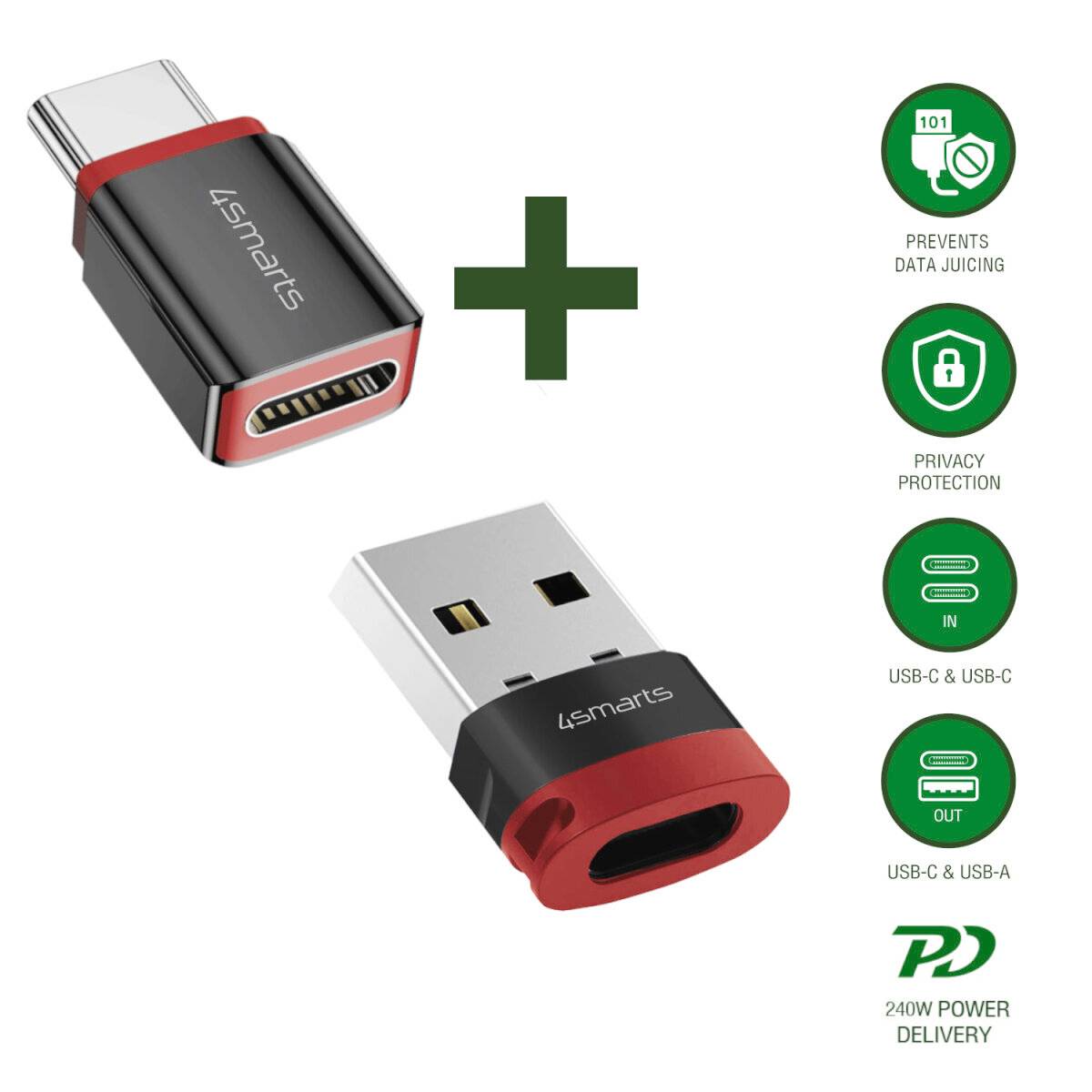Zestaw adaptera USB-C na USB-C i USB-C na USB-A z ikonami pokazującymi blokowanie danych, ochronę prywatności i dostarczanie mocy 240W.